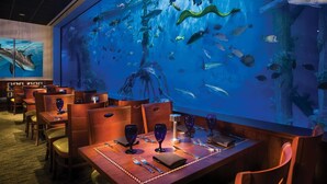 Een restaurant met gedekte tafels, een wandaquarium vol vissen, en houten stoelen.