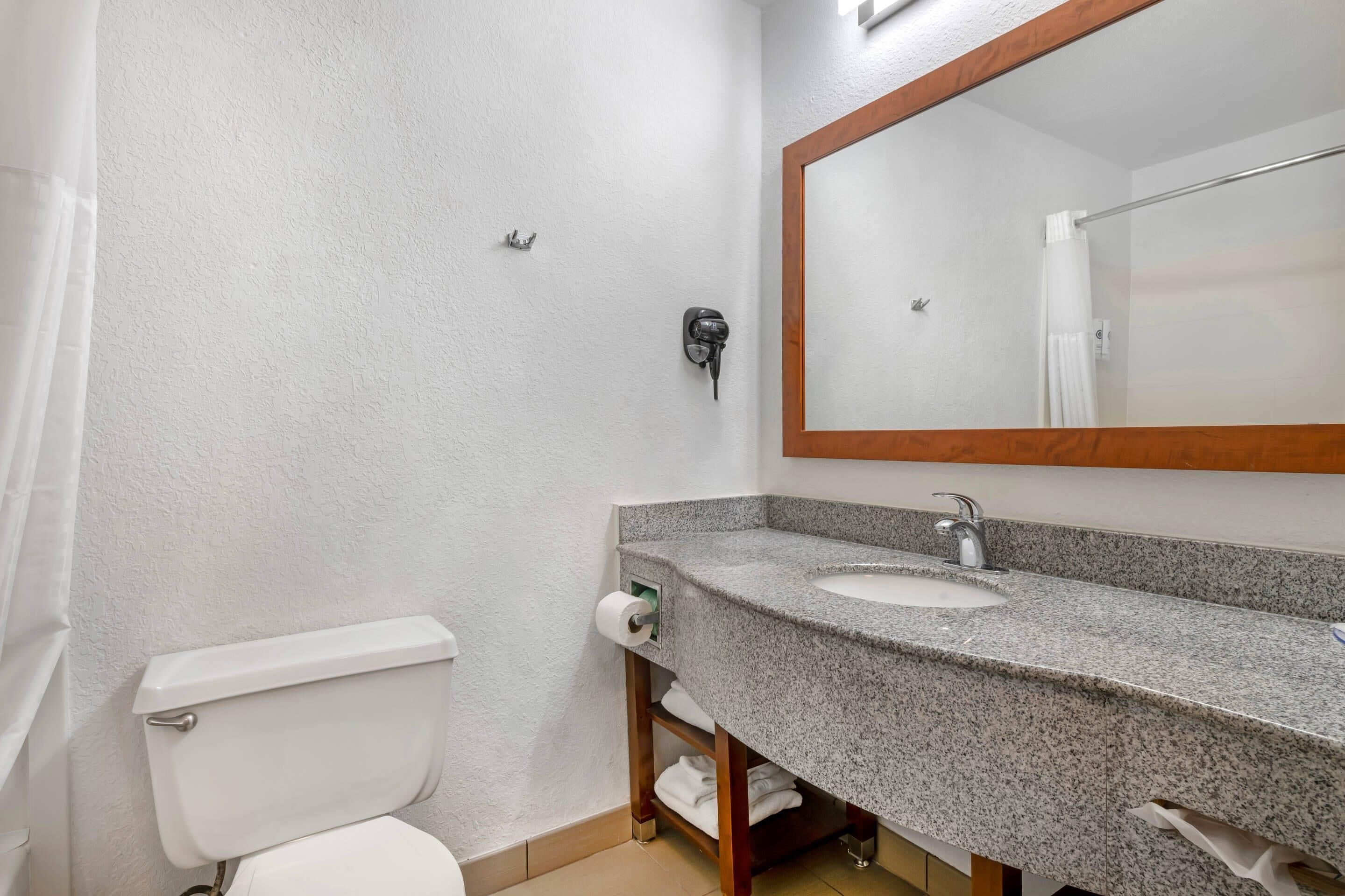 Un baño con inodoro blanco, lavamanos con encimera de granito, espejo y toallero.