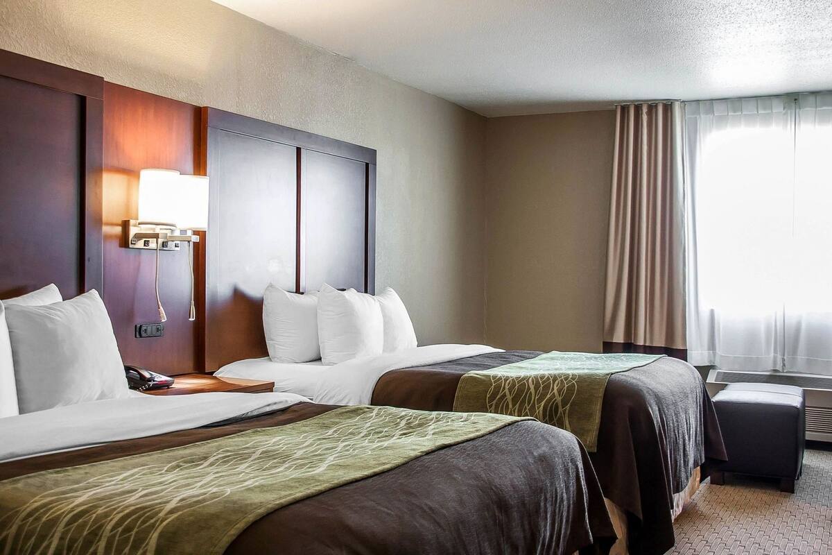 A hotel room with two beds, a bedside table, a lamp, a telephone, and a window with curtains.