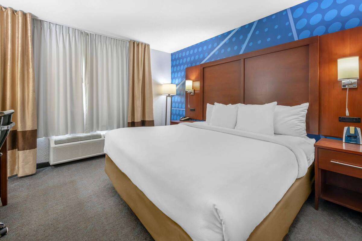 A hotel room with a large bed, a bedside table, a lamp, and a wall with a blue polka dot pattern.