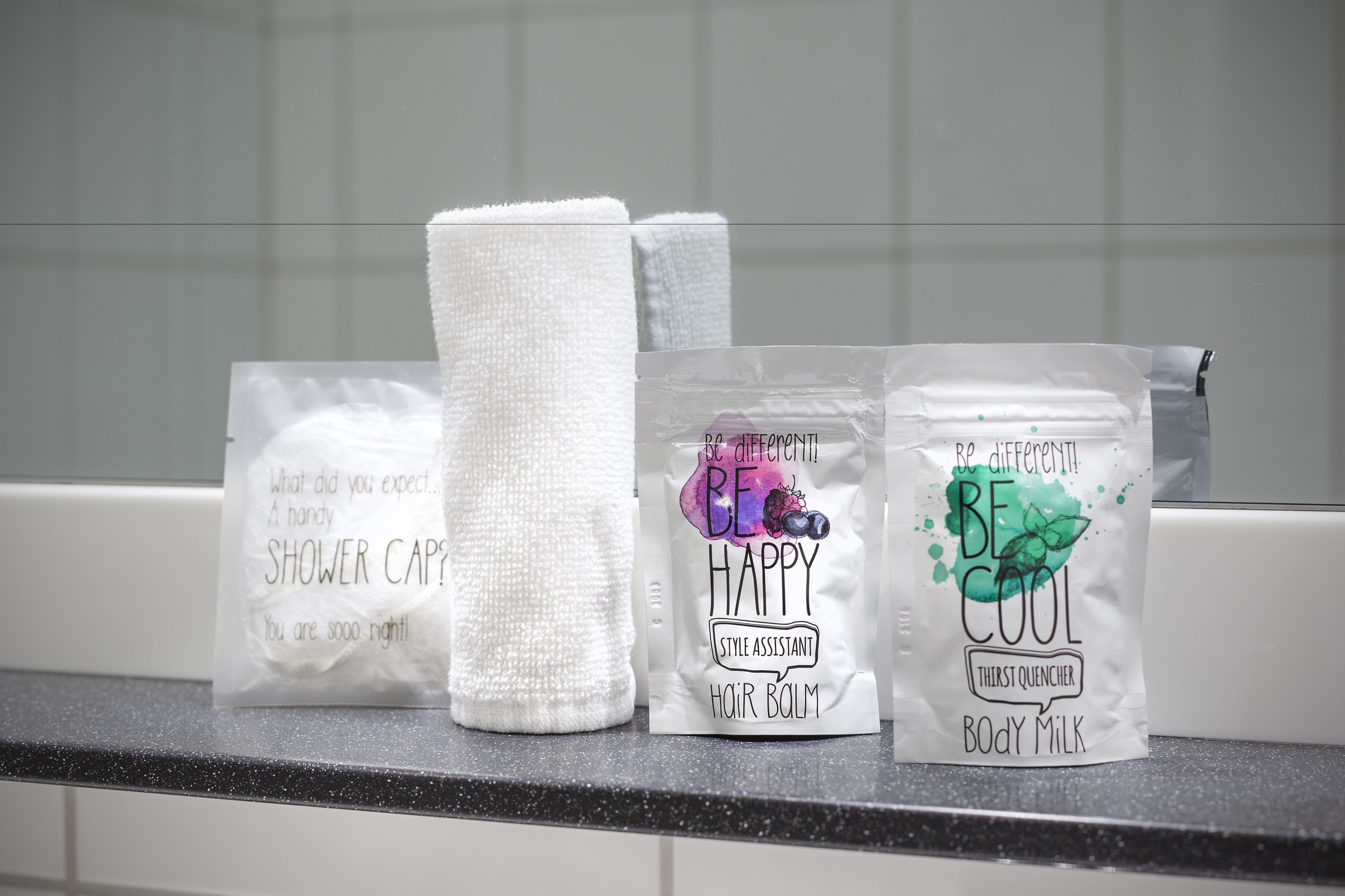 free toiletries, hair dryer, slippers, towels