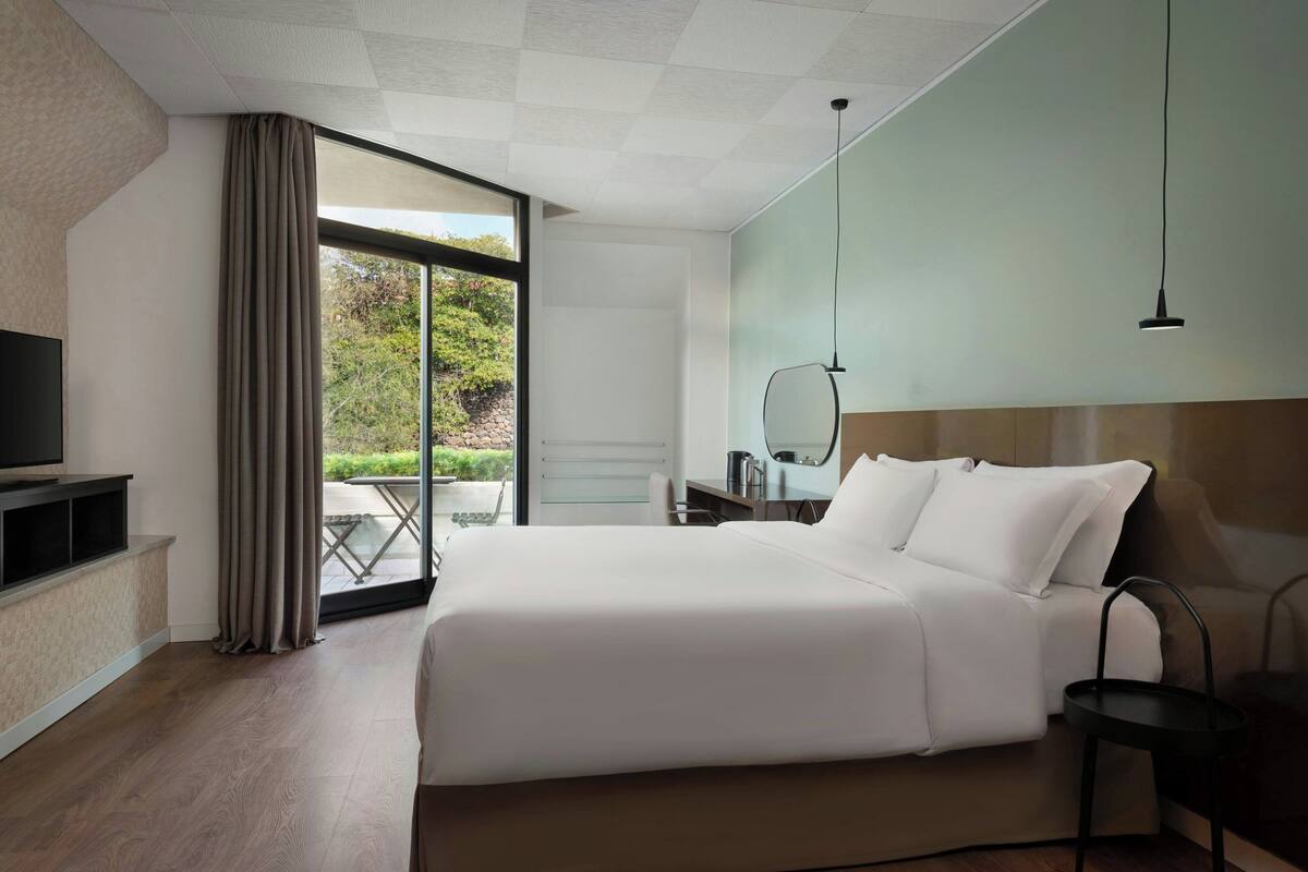 Een moderne hotelkamer met een groot bed, een televisie, een bureau en uitzicht op groen.
