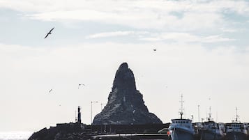 Un'isola rocciosa con un faro e imbarcazioni ormeggiate nelle vicinanze.