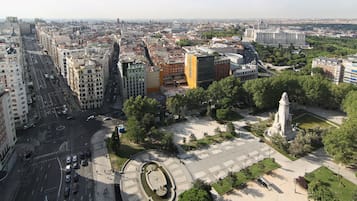 A cityscape with a central roundabout, surrounding buildings, and a statue.