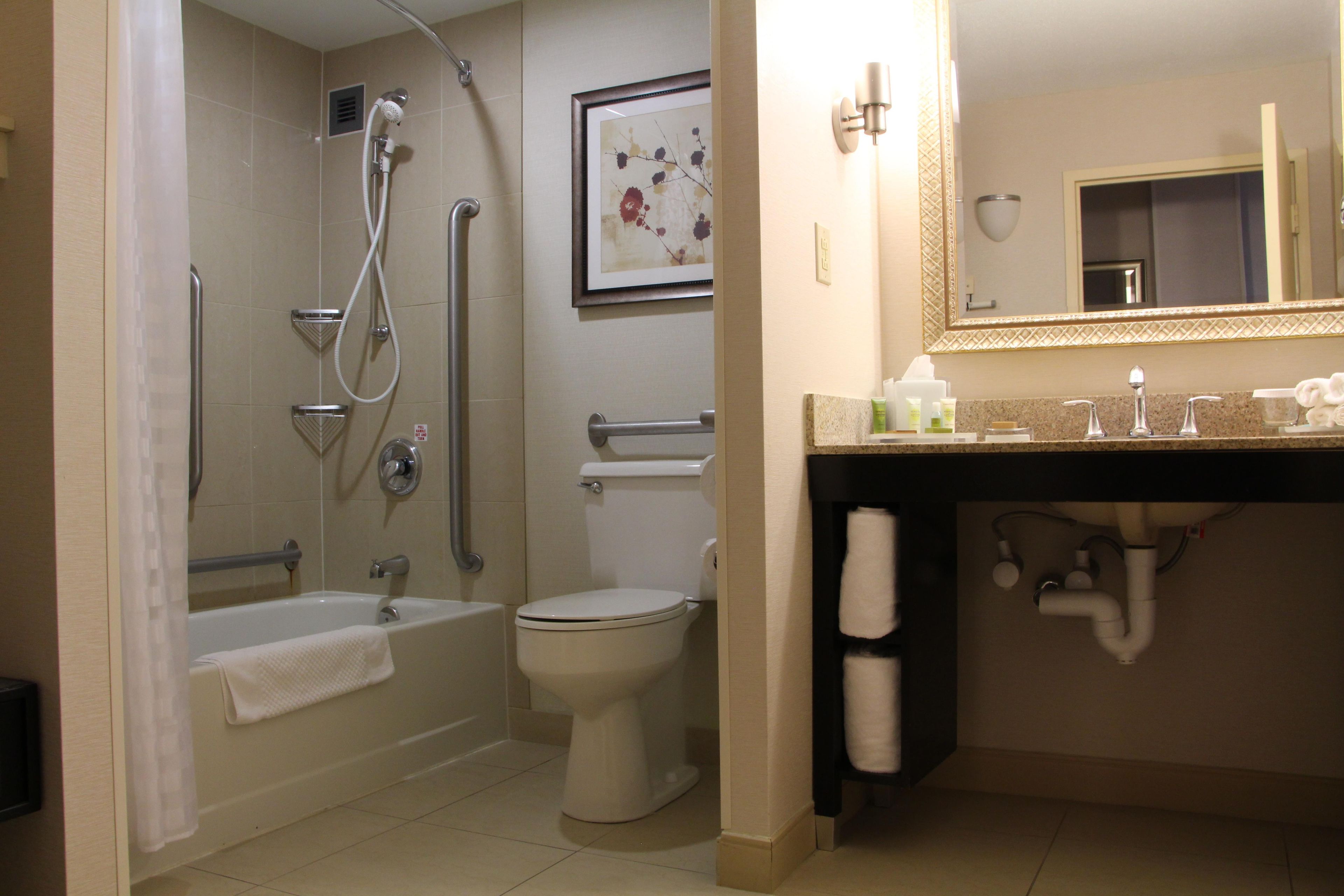 A bathroom with a bathtub, shower, toilet, and a vanity with a mirror.