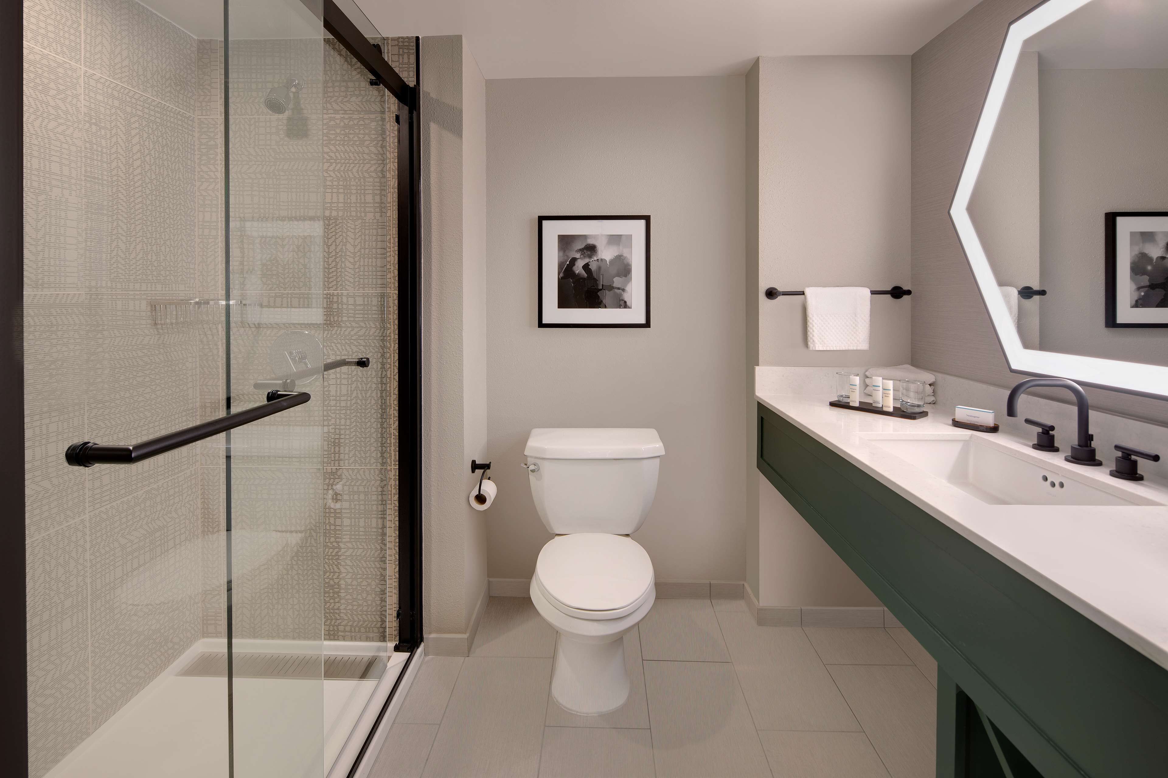 A modern bathroom with a glass shower enclosure, a white toilet, and a green vanity with a large mirror.