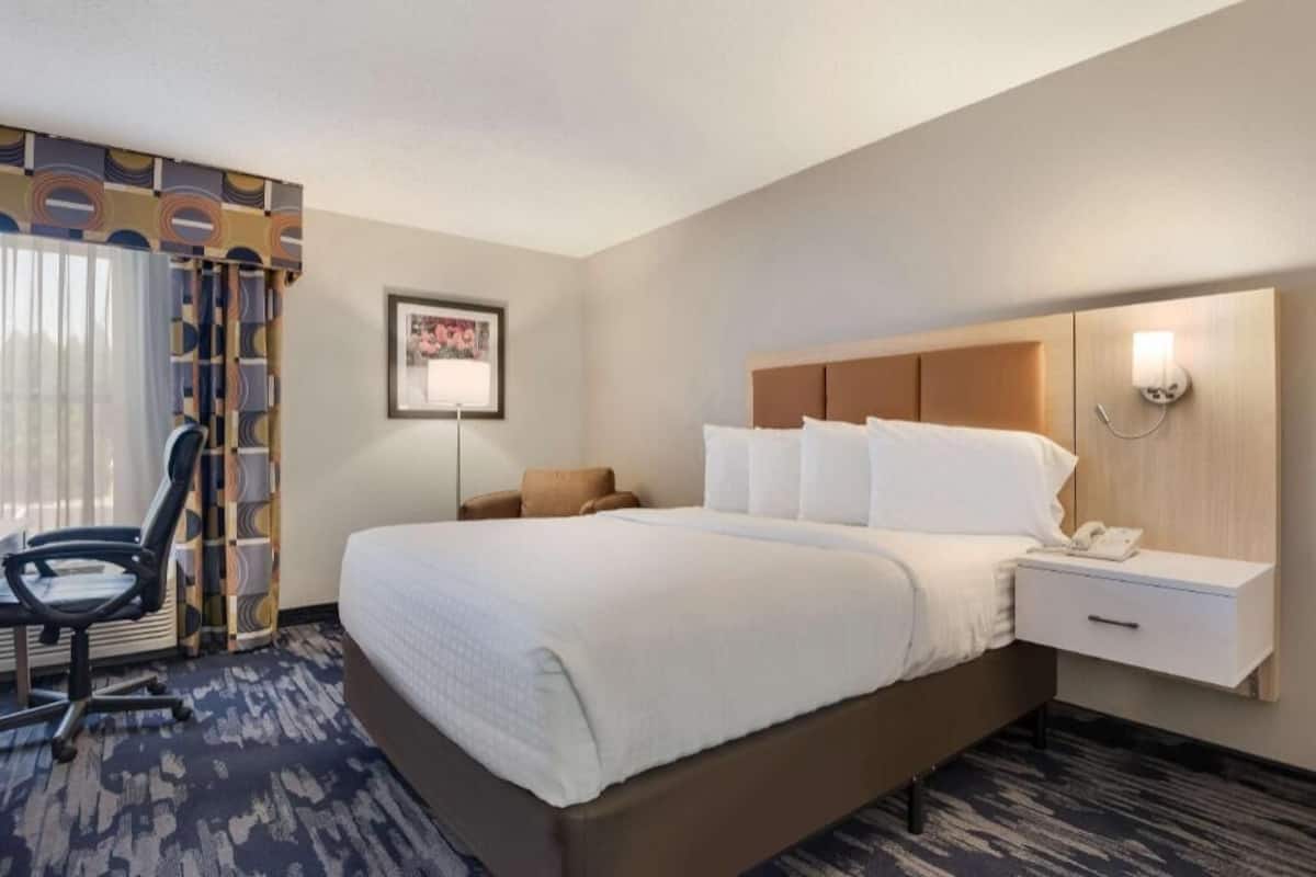 Ein Hotelzimmer mit Bett, Nachttisch, Lampe, Stuhl und einem Bild an der Wand.