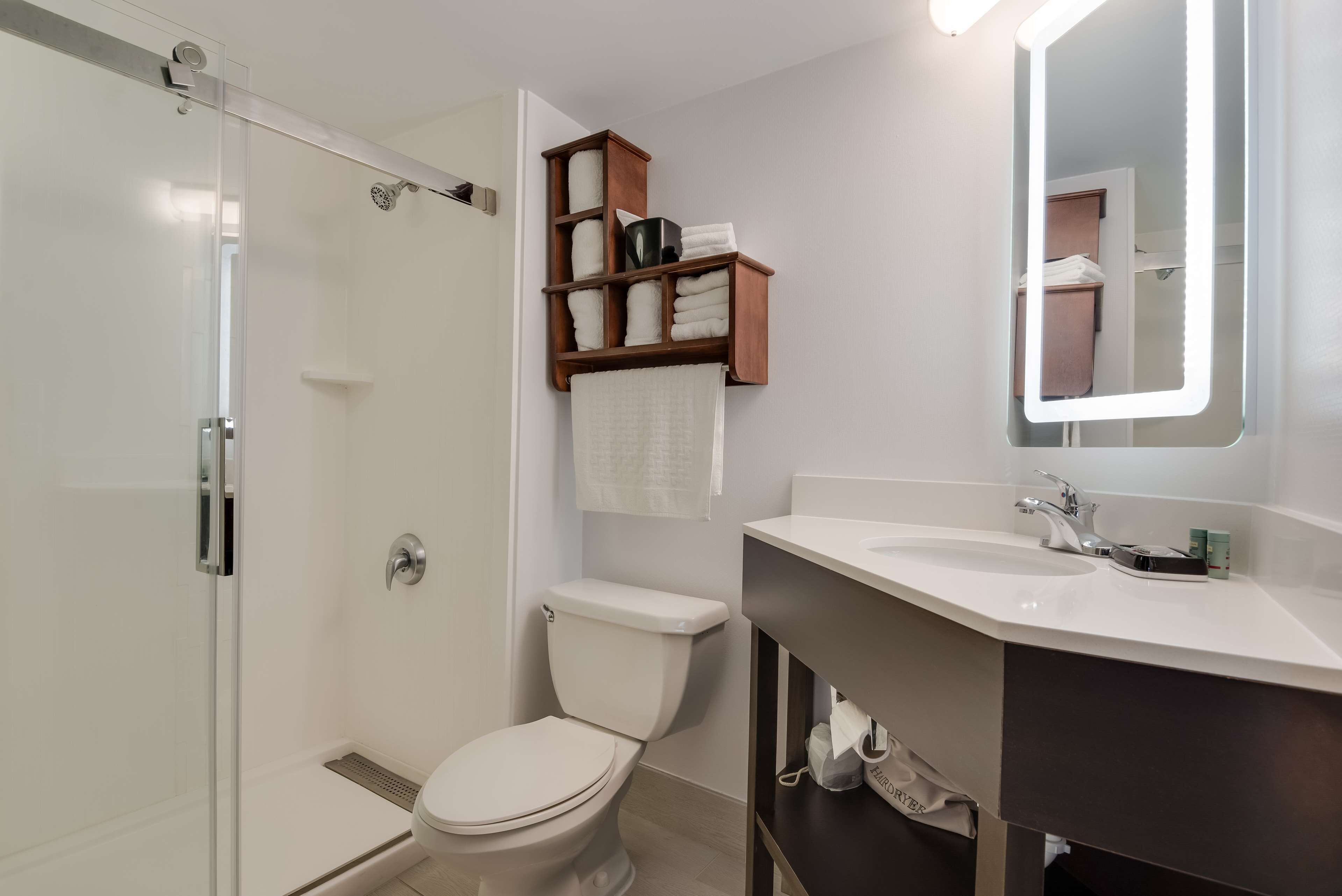 hydromassage showerhead, free toiletries, hair dryer, towels