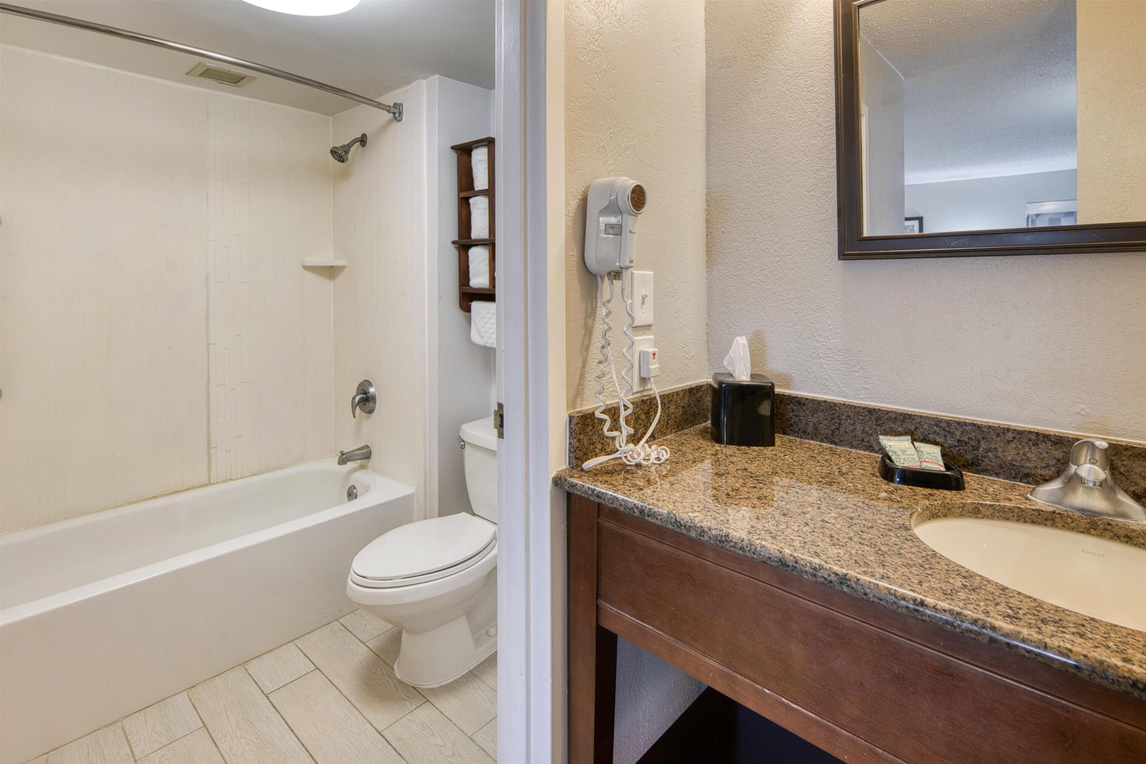 Suite, 1 kingsize-seng, ikke-røyk, kjøleskap og mikrobølgeovn (Separate Living Room;with Sofabed) | Bad | Dusjhode med hydromassaje, toalettartikler (inkludert) og hårføner