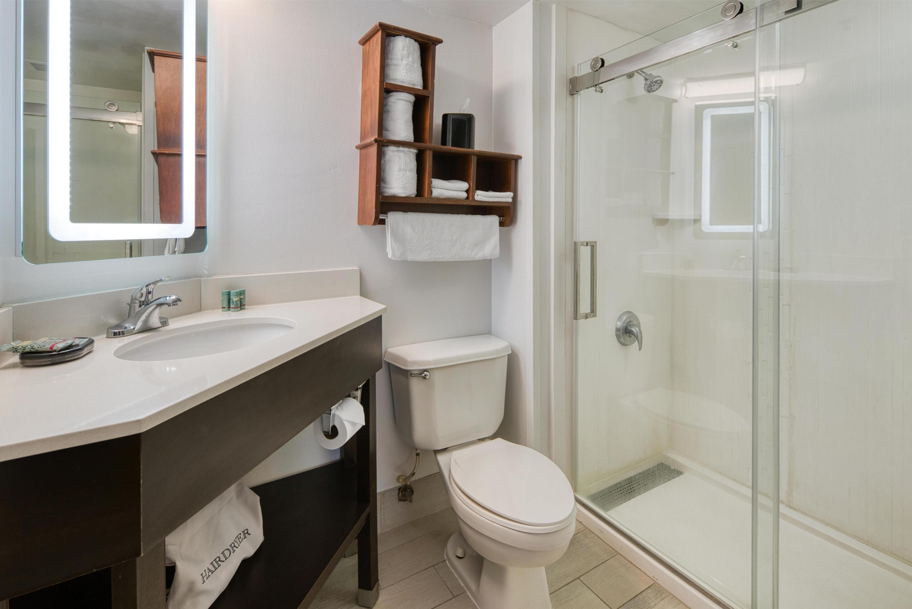 Een badkamer met een wastafel, toilet en douchecabine.