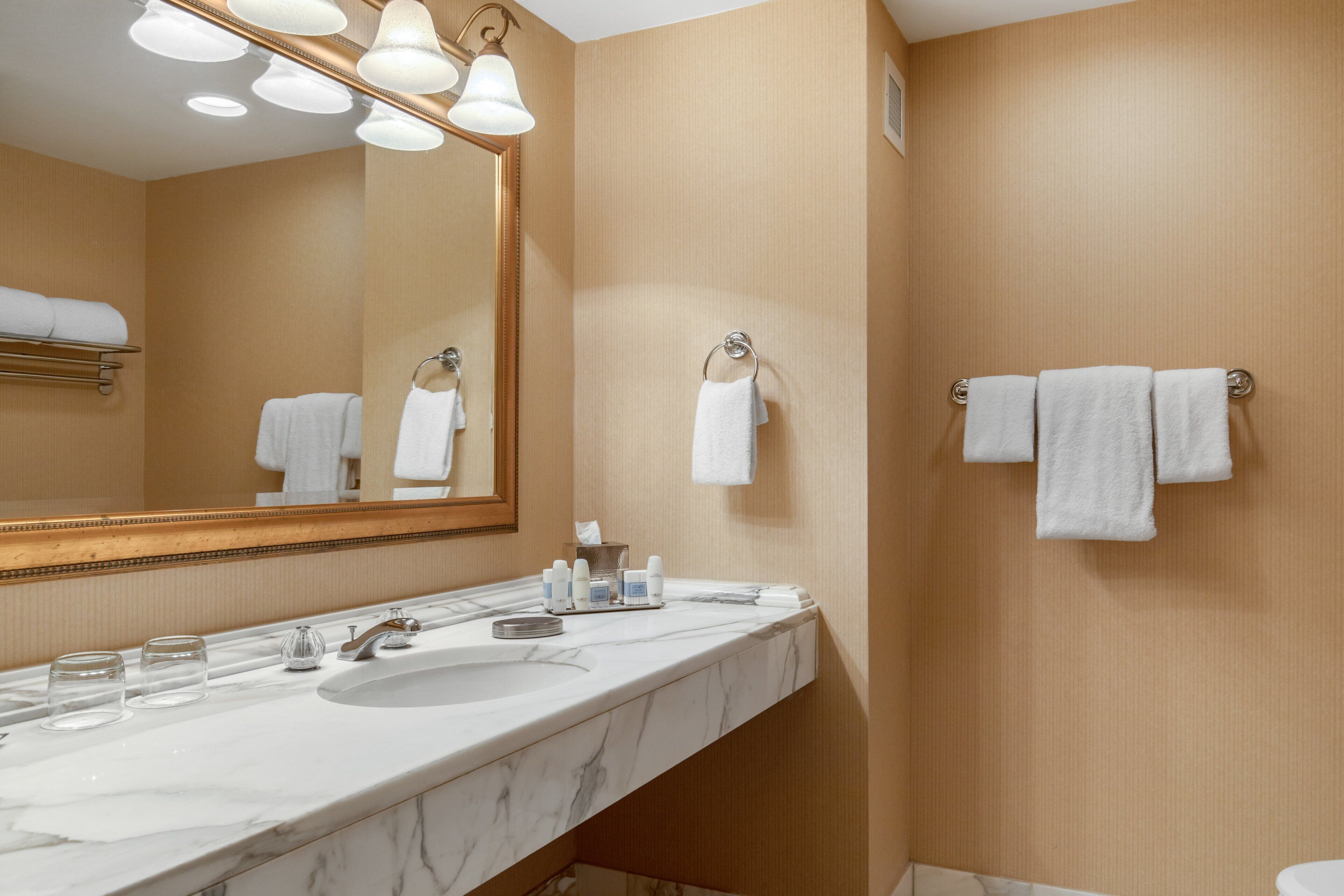 Une salle de bain avec un lavabo en marbre, plusieurs porte-serviettes, un grand miroir et un espace douche.