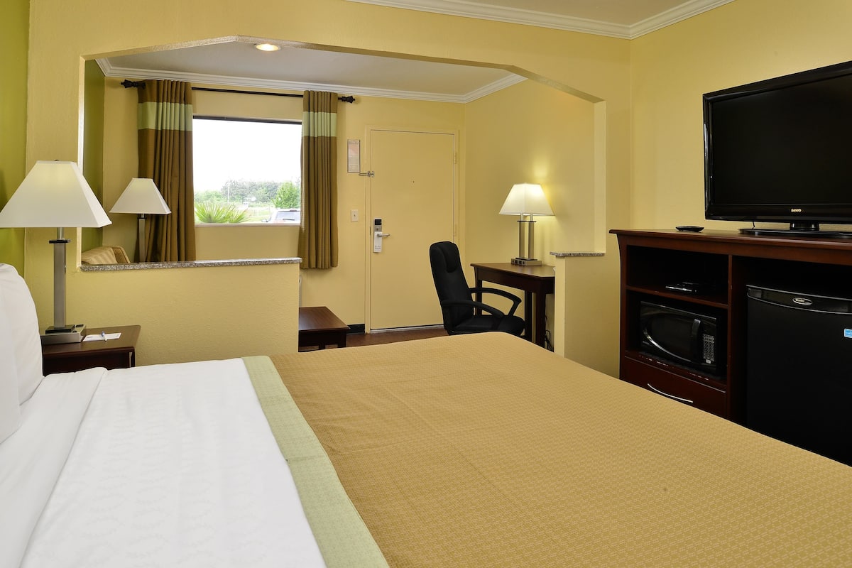 Una habitación de hotel con una cama, un escritorio con lámpara, televisor, microondas y una silla.