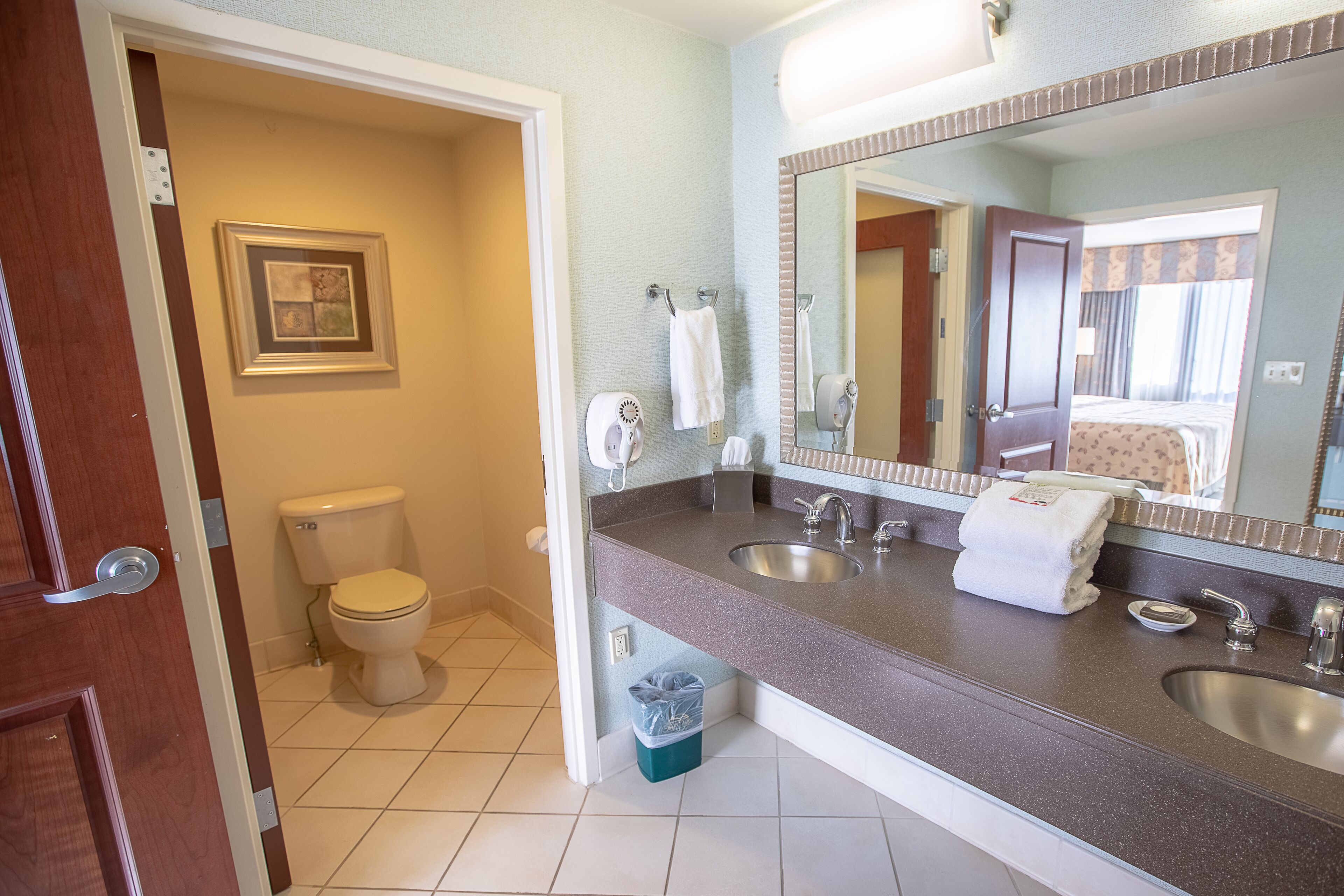 combined shower/bathtub, free toiletries, hair dryer, towels