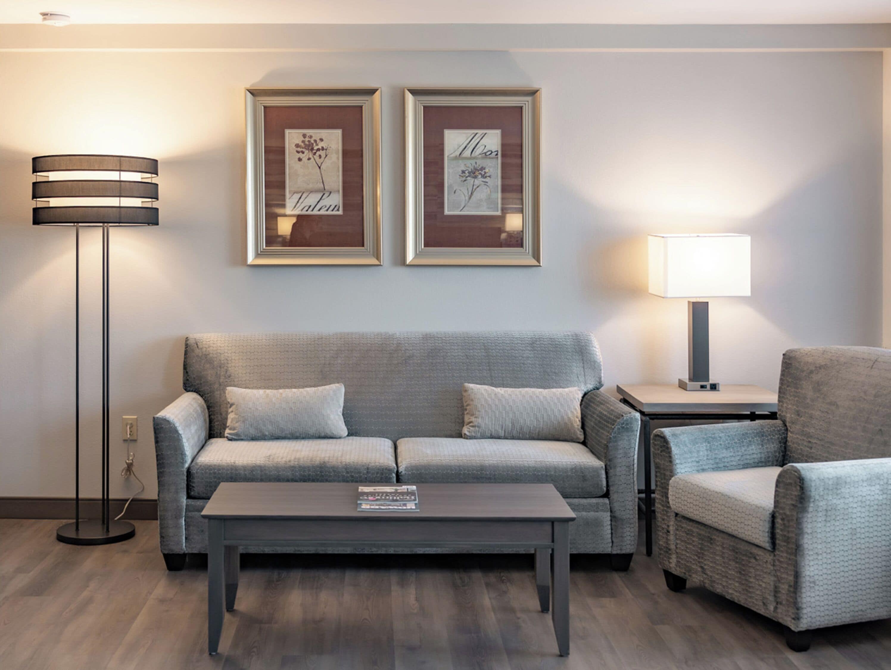 A modern living room with a grey sofa, a matching armchair, a coffee table, and two framed artworks on the wall.