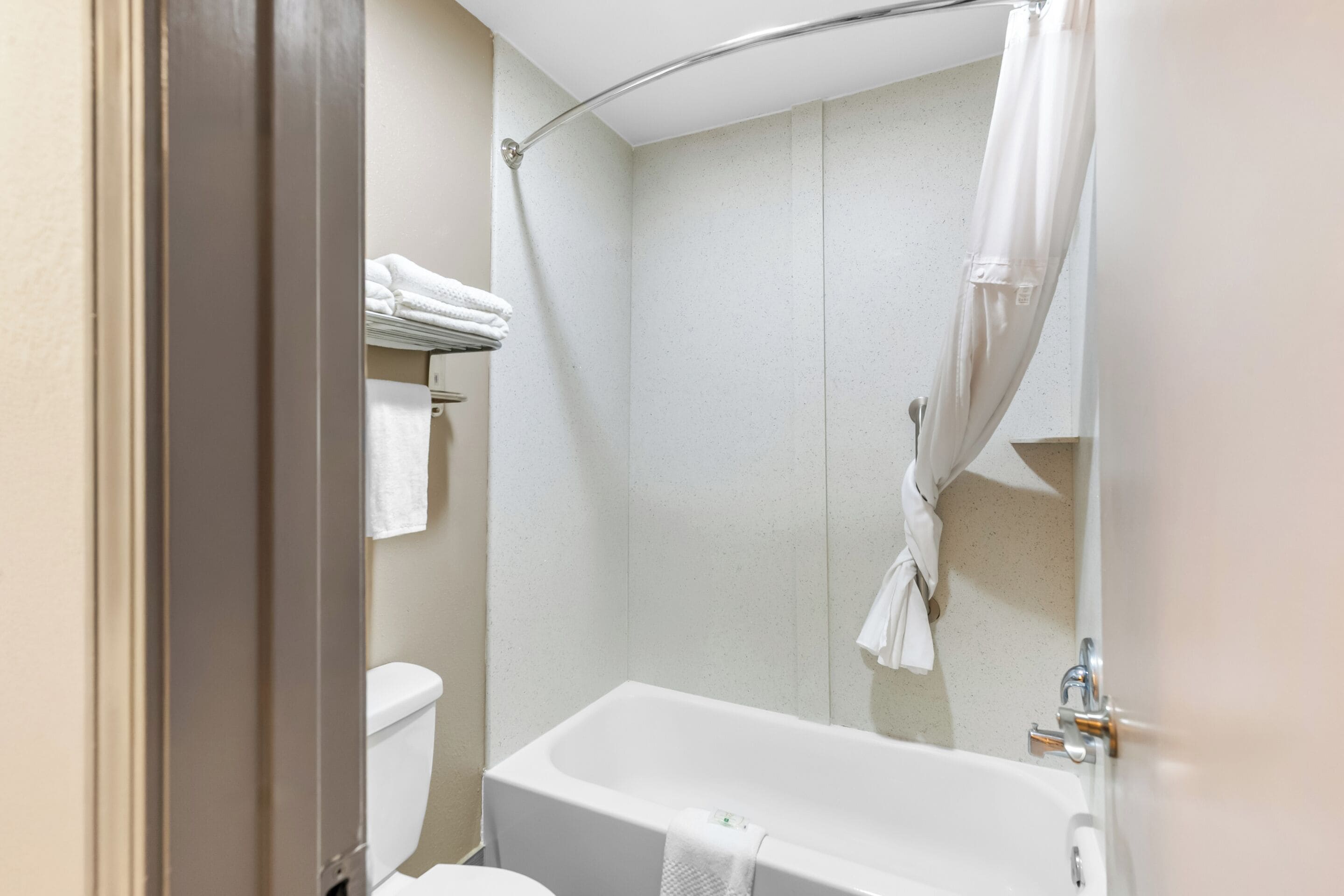 A bathroom with a bathtub, toilet, and a shower area.
