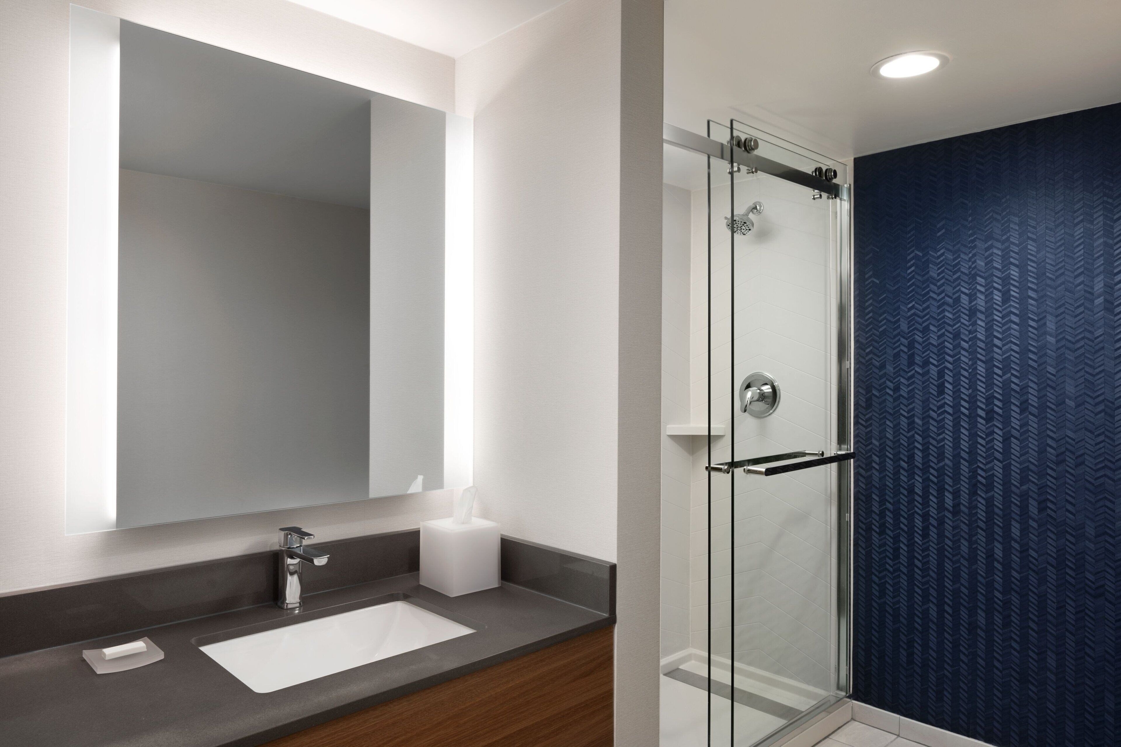 Un baño moderno con un espejo grande, un lavamanos y una ducha con cerramiento de vidrio.