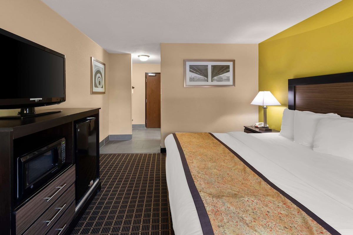 A hotel room with a bed, a television, a microwave, and a nightstand with a lamp.