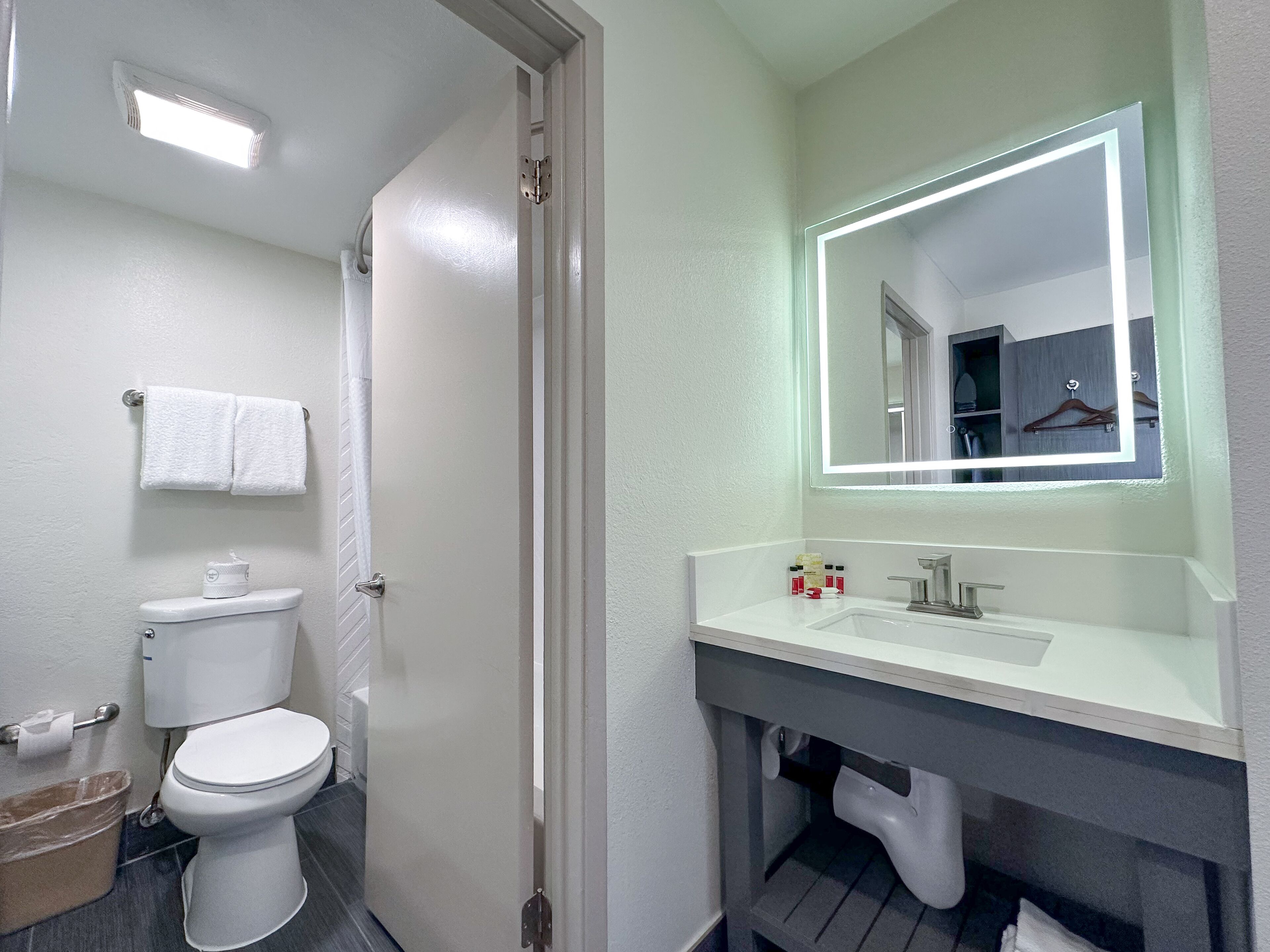 A modern bathroom with a toilet, sink, and mirror.