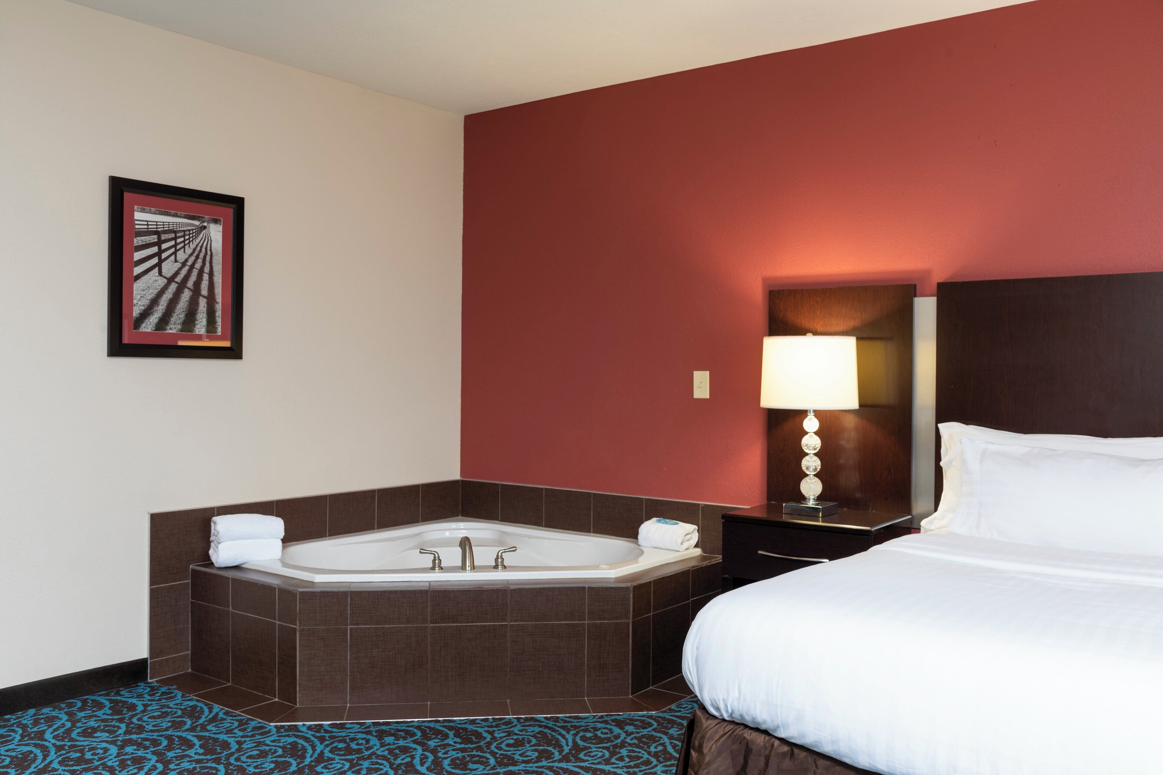 Une chambre d’hôtel avec un grand lit, une baignoire séparée, une table de chevet avec une lampe et un tableau encadré au mur.
