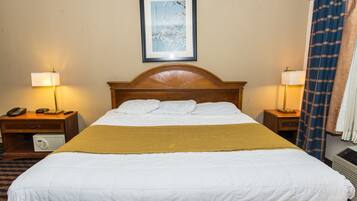 Desk, laptop workspace, blackout curtains, free WiFi