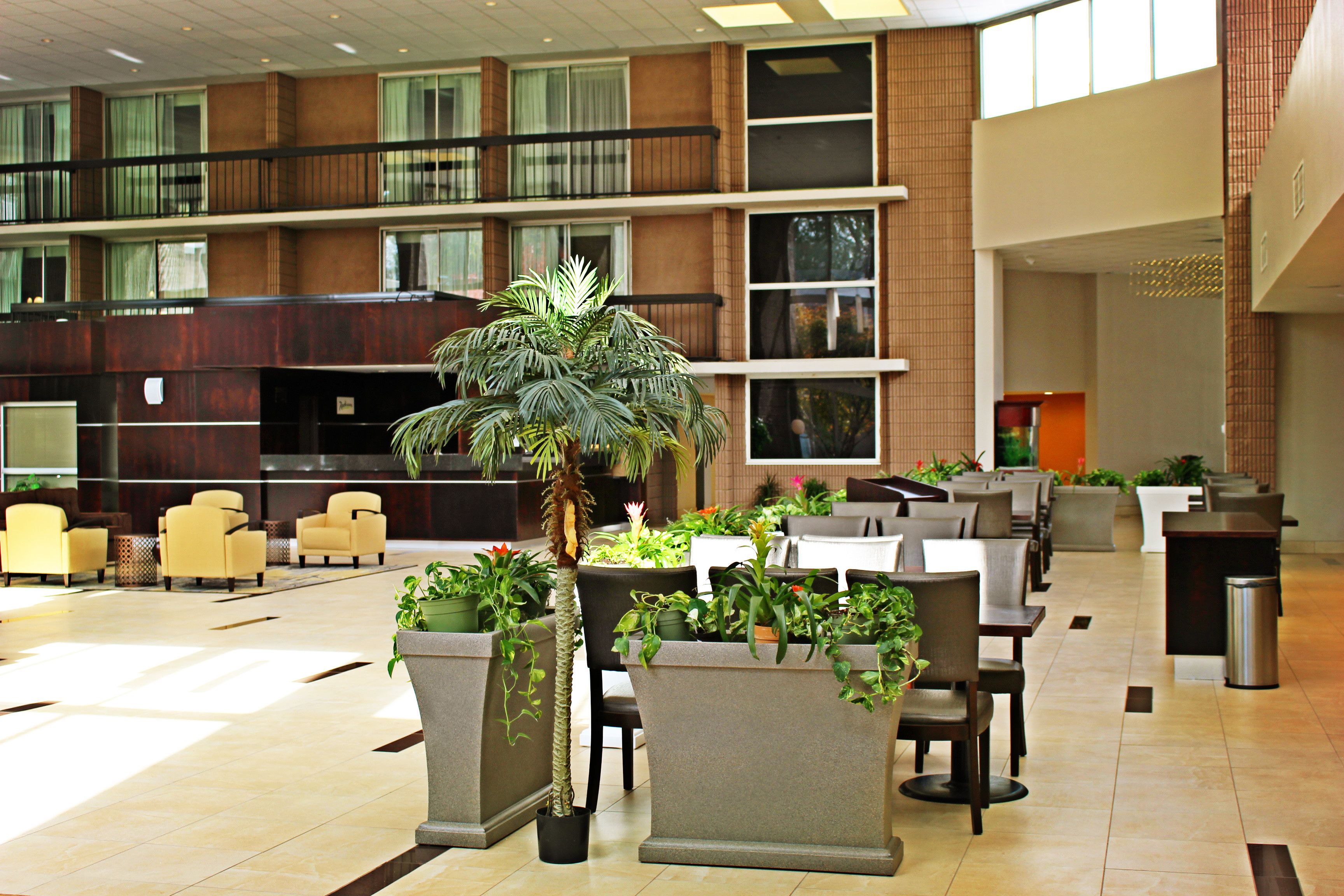 A spacious lobby with multiple seating areas, large windows, and indoor plants.