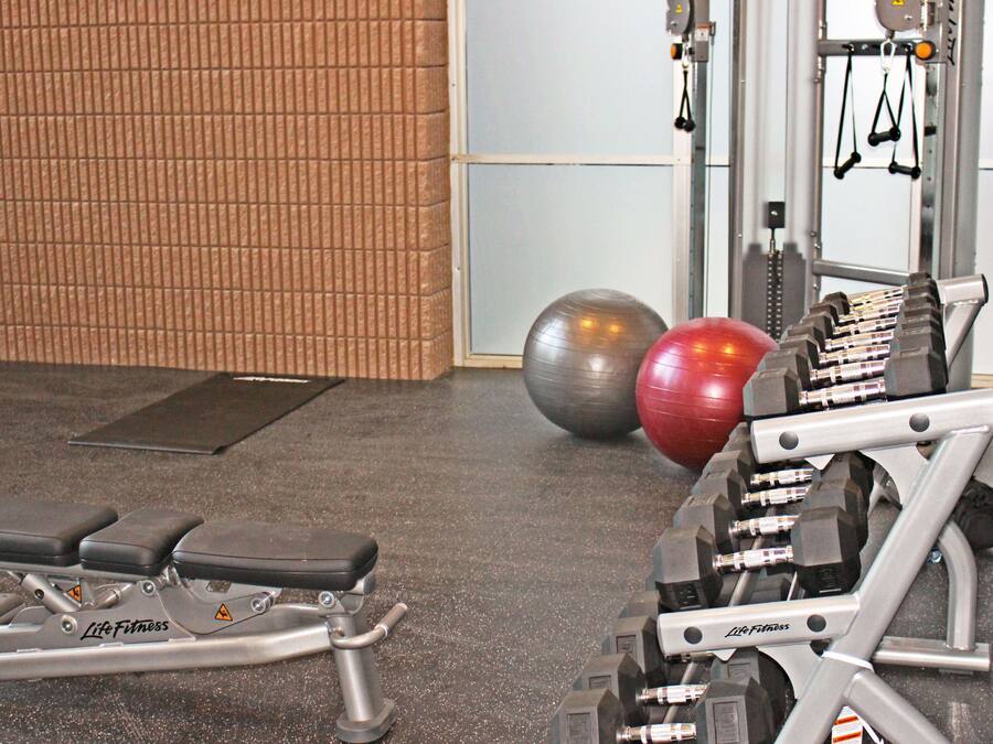Une salle de sport équipée de matériel de musculation, d’un banc et de ballons d’exercice.