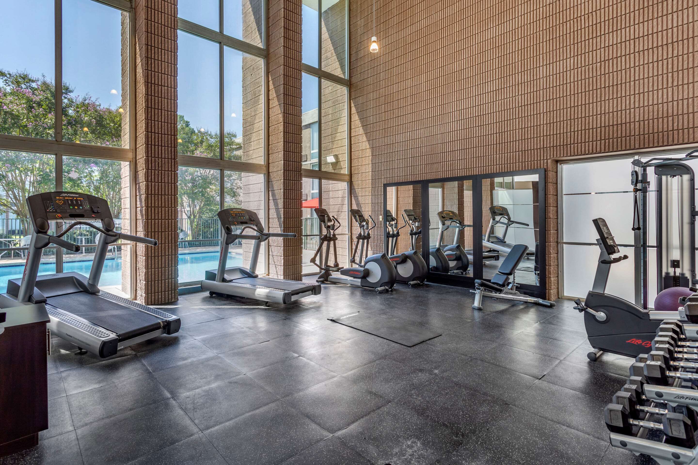 A gym with treadmills, elliptical machines, and weight benches.
