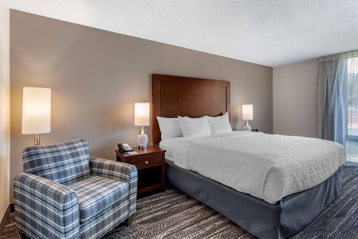 A hotel room with a bed, a chair, a nightstand, and a lamp.