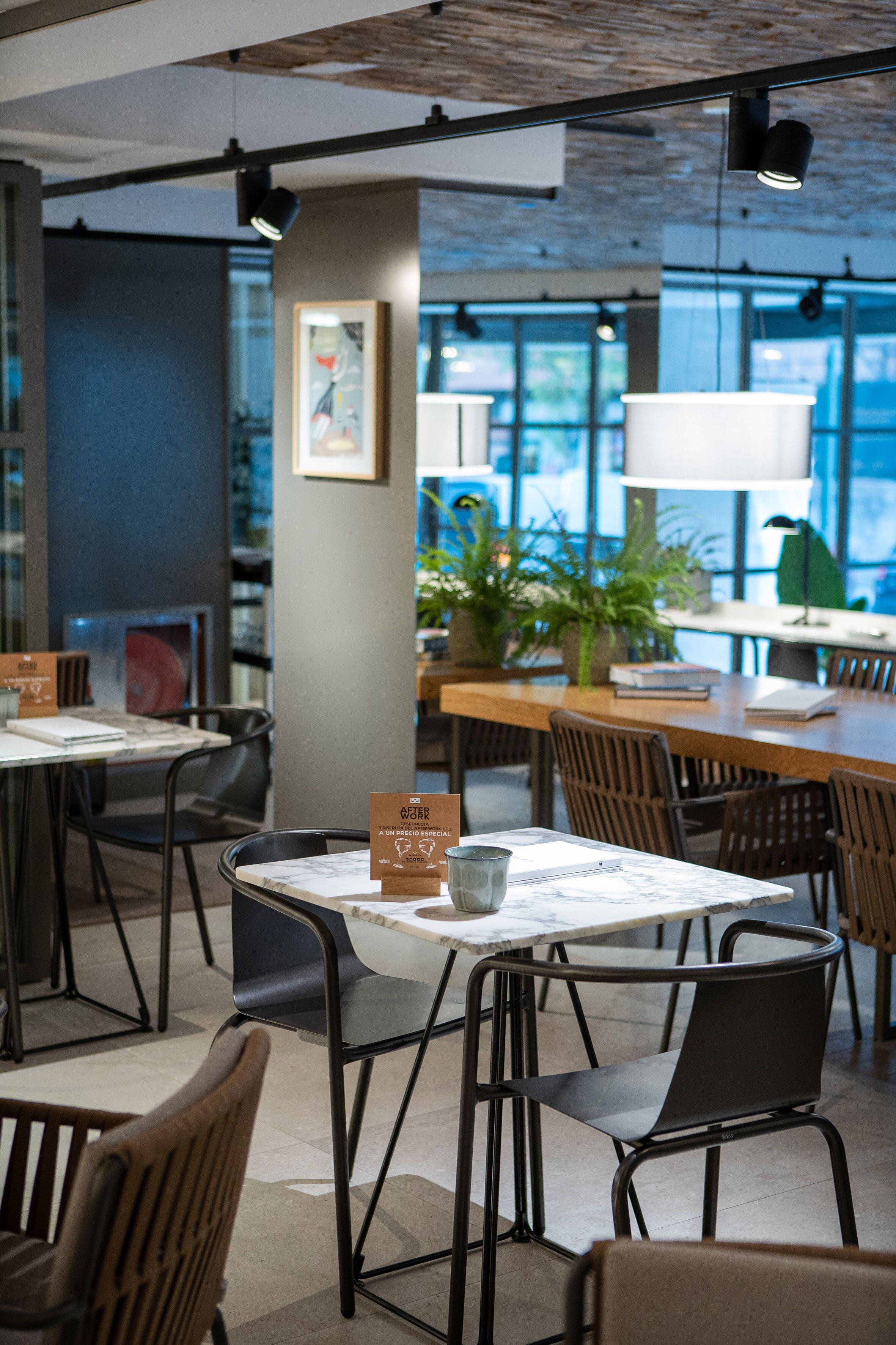Ein modernes Café mit Tischen, Stühlen, großen Fenstern und einer Pflanze in der Mitte.