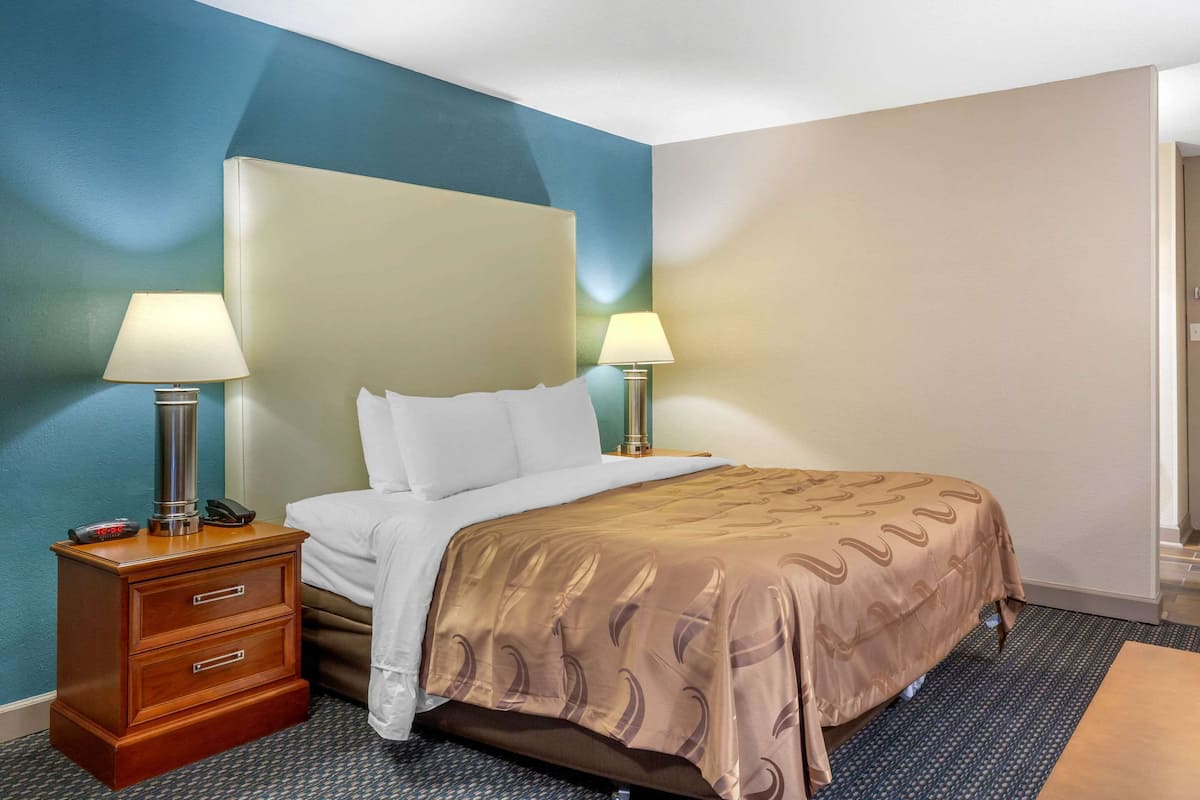 Een hotelkamer met een bed, twee bedlampen, een nachtkastje met lades en een kamerbreed tapijt met dessin.