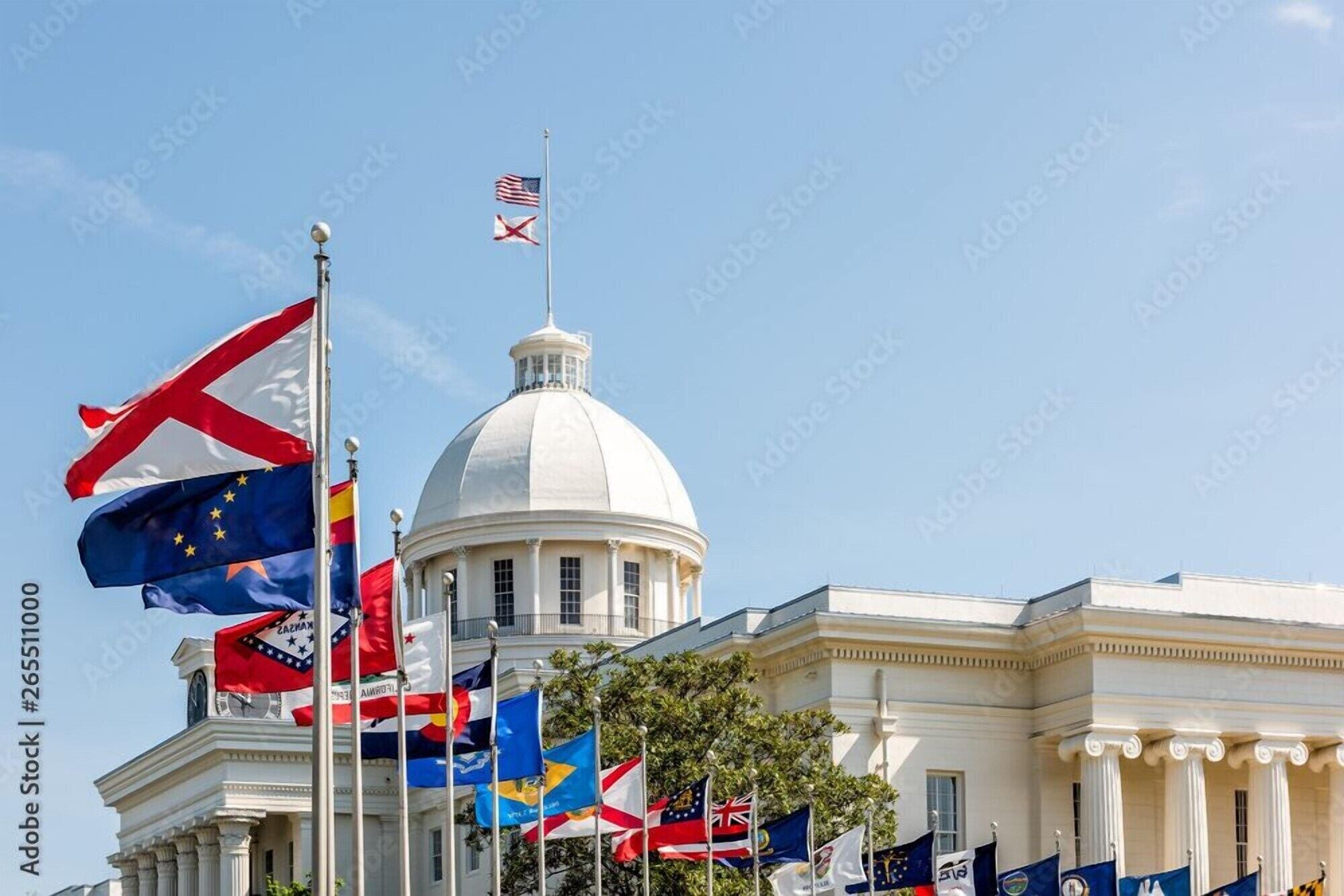 Un edifici amb una cúpula destacada i diverses banderes, entre les quals hi ha la bandera del Regne Unit i la Unió Europea.
