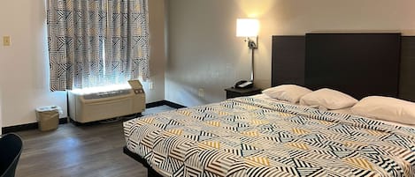 Desk, laptop workspace, blackout curtains, free WiFi