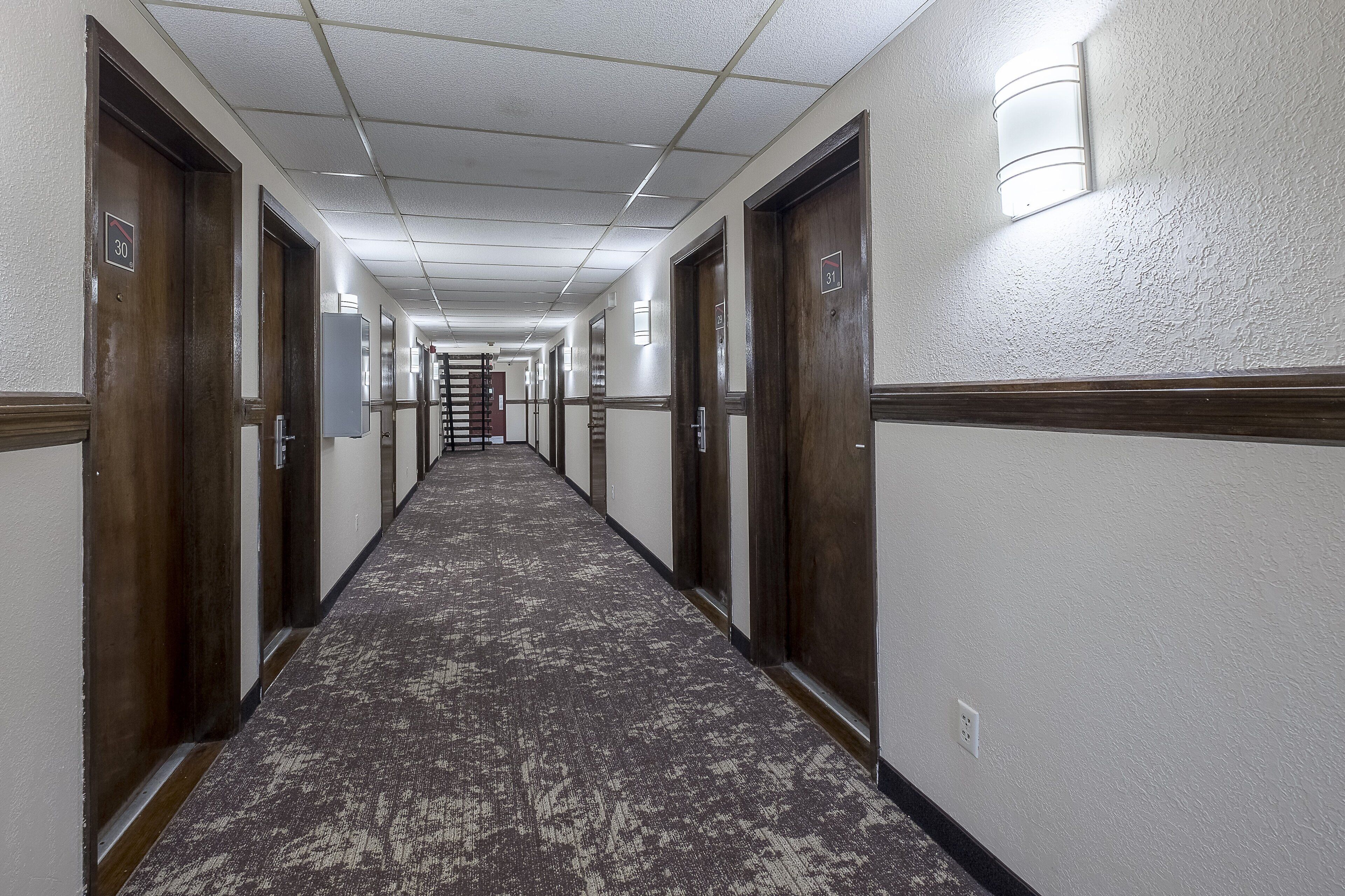 Pasillo de hotel con piso alfombrado, puertas de madera y luminarias fijadas a la pared.