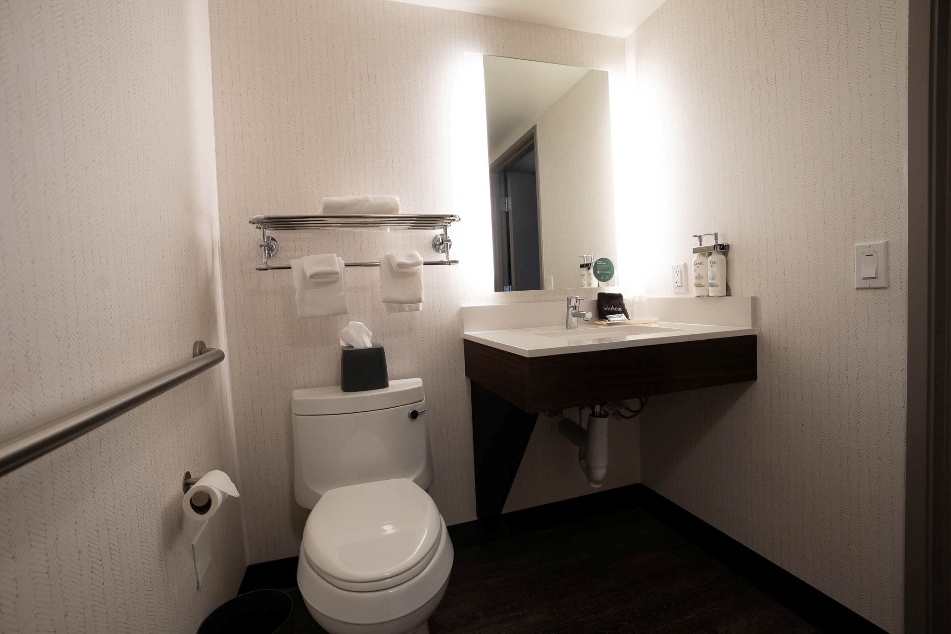 A bathroom with a toilet, a sink, a towel rack, and a mirror.