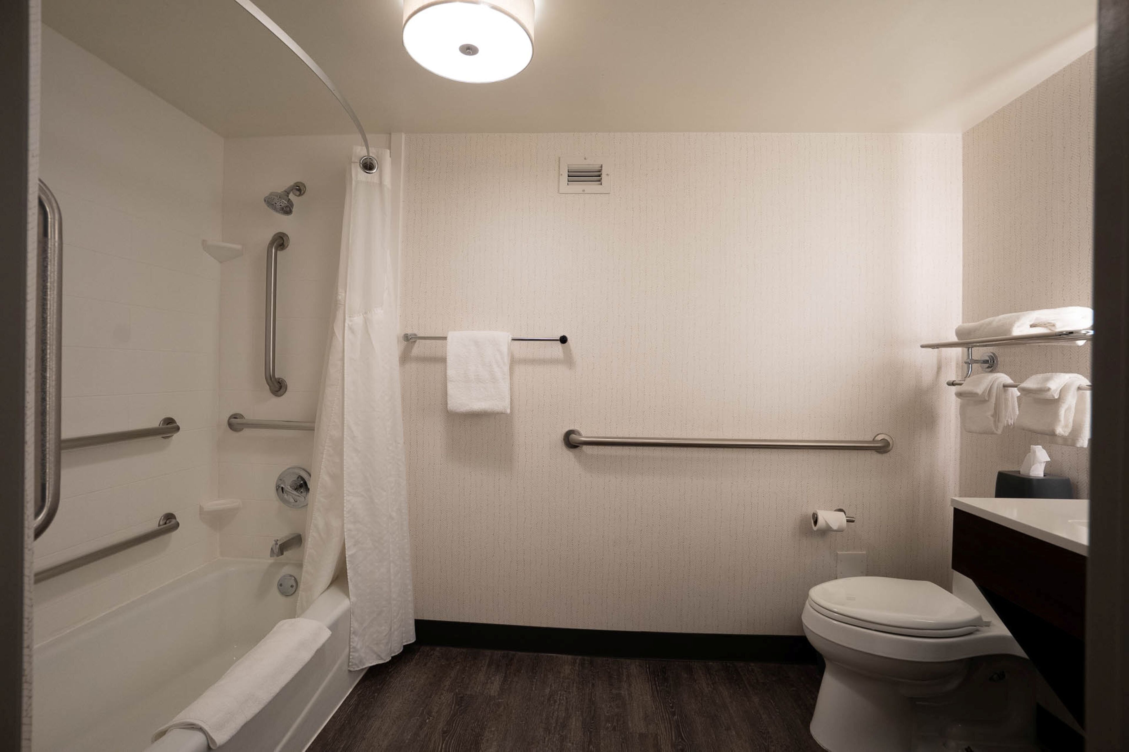 A bathroom with a bathtub, shower, toilet, and handrails.