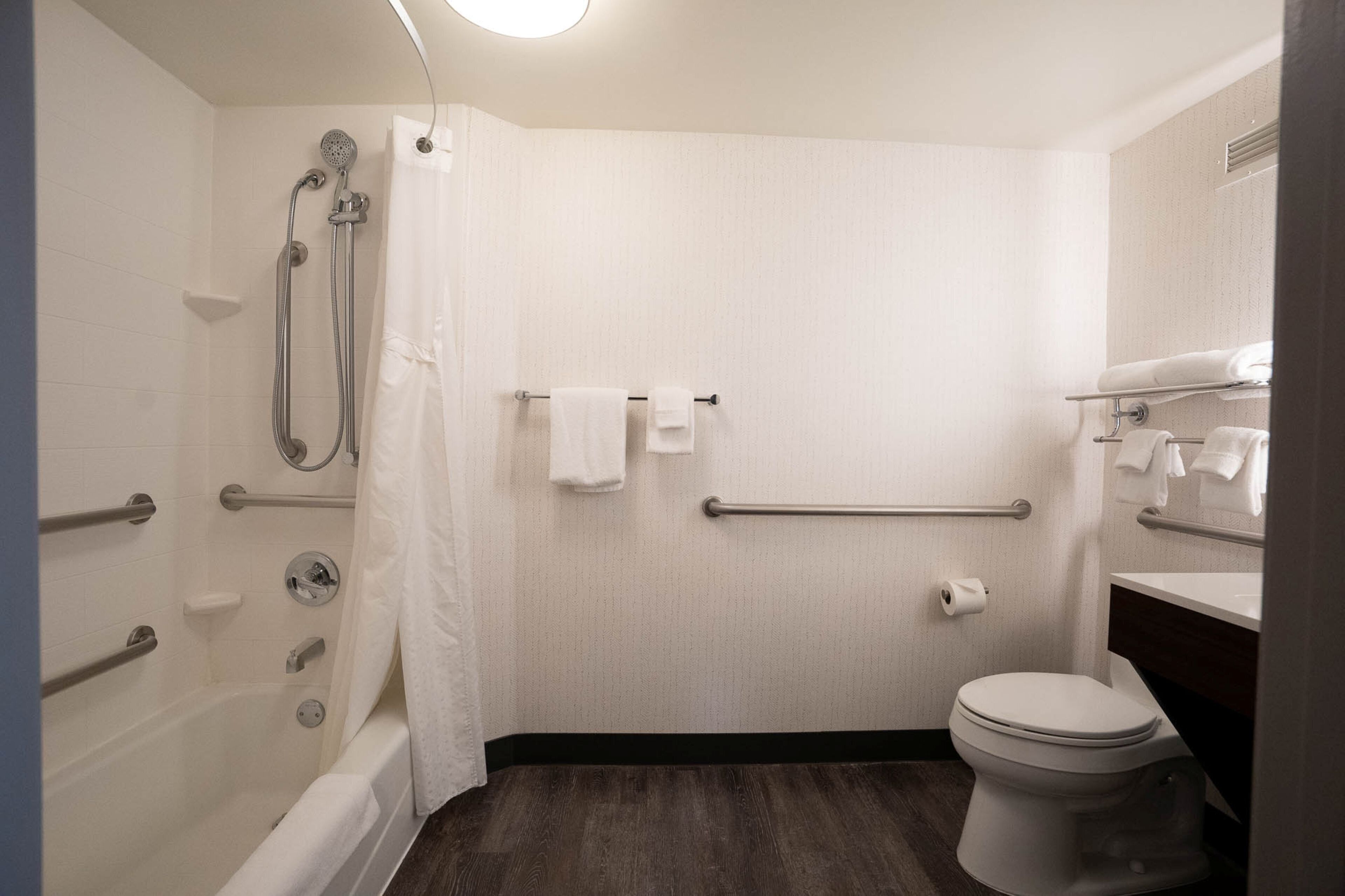 A bathroom with a shower, toilet, and a vanity with a mirror.