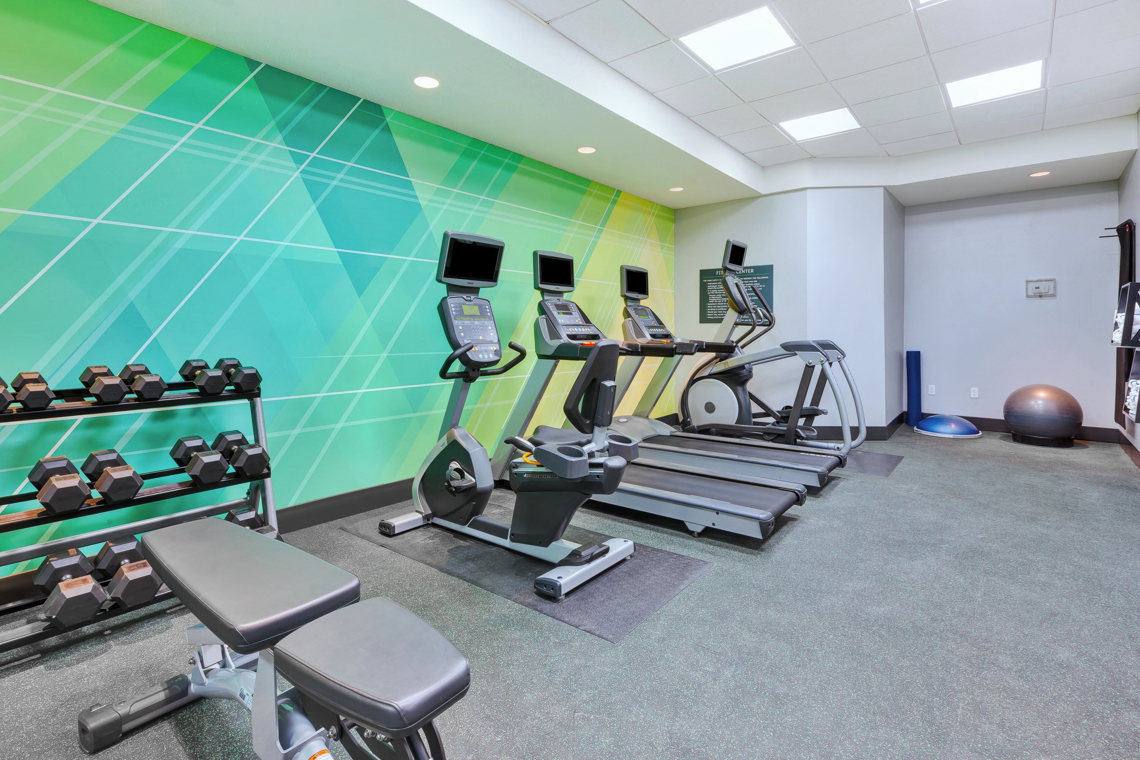 A gym with treadmills, elliptical machines, and dumbbells.