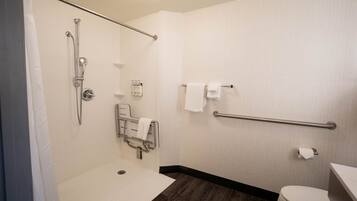 A bathroom with a shower, toilet, and grab bars.