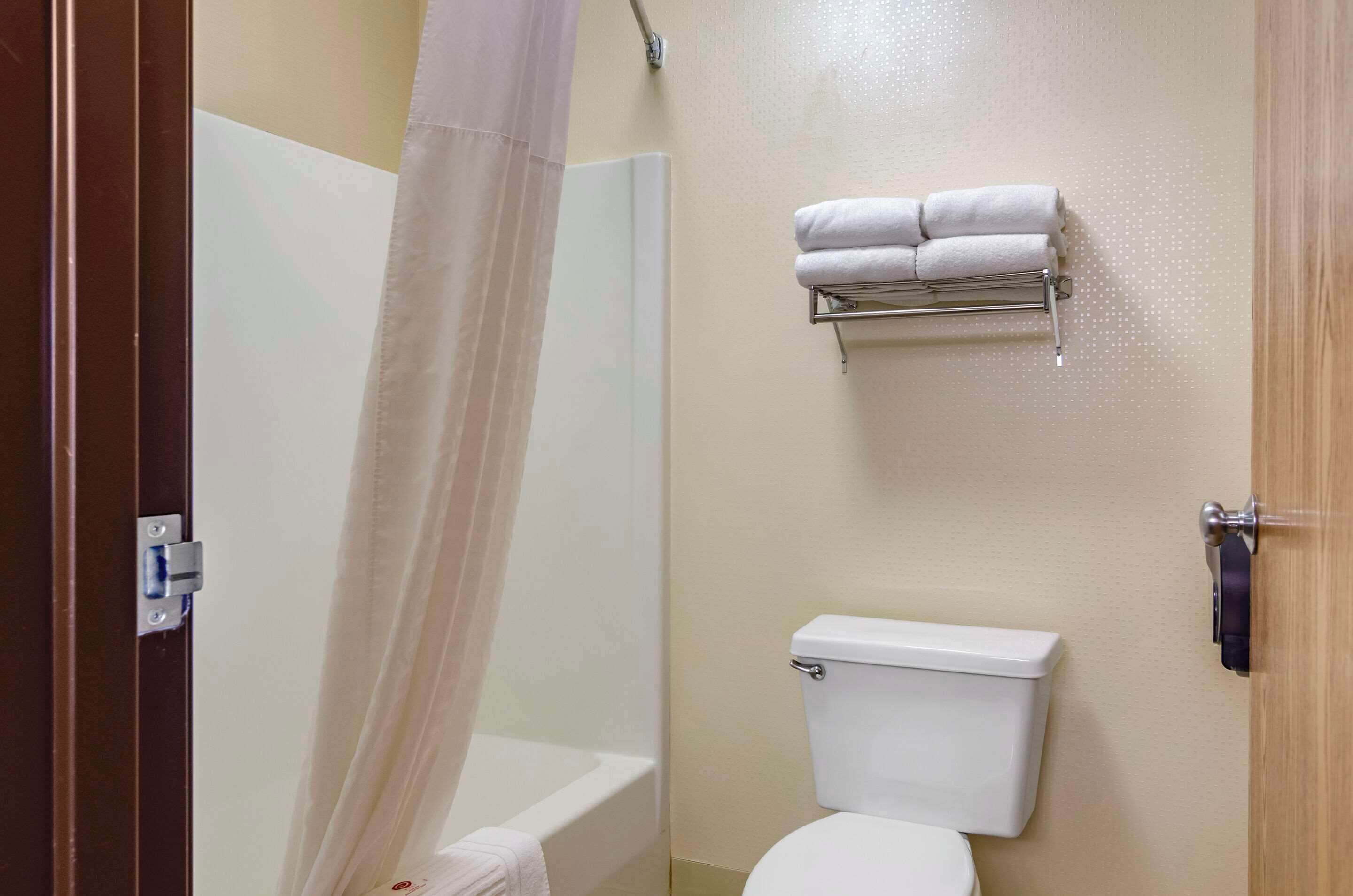 Un baño con cortina de ducha, inodoro y toallero con toallas dobladas.
