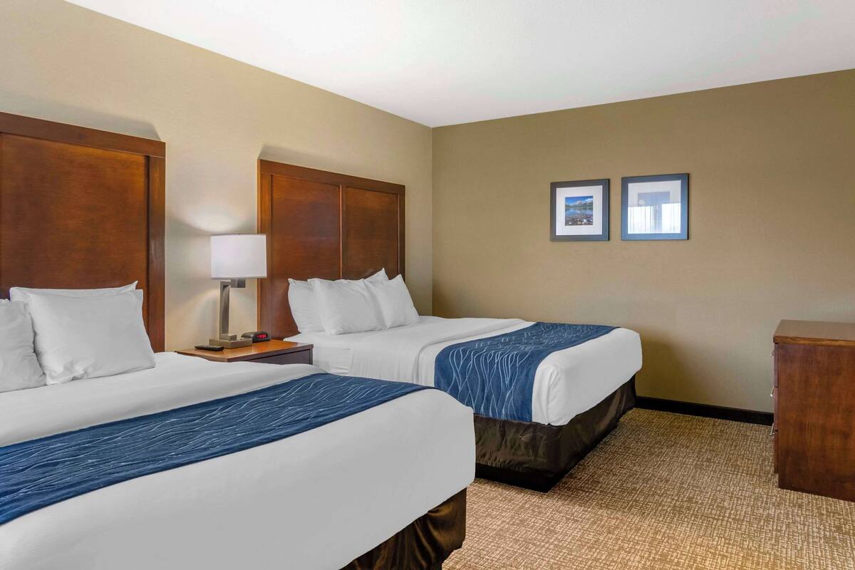 A hotel room with two beds, a nightstand with a lamp, and two framed pictures on the wall.