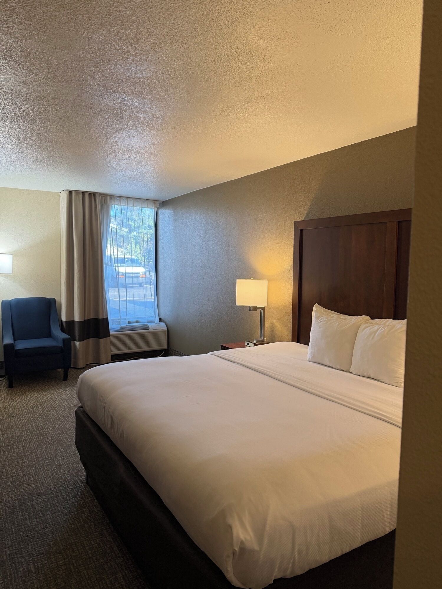 A hotel room with a large bed, a chair, a desk with a lamp, and a window with curtains.