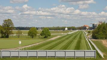 A long, straight track with white railings, surrounded by green grass and trees.