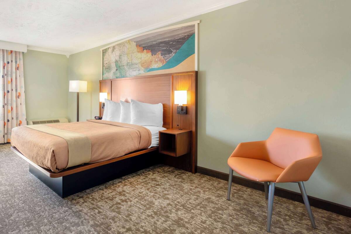 Une chambre d’hôtel avec un lit, deux lampes de chevet, une chaise, une carte accrochée au mur et un sol recouvert de moquette.