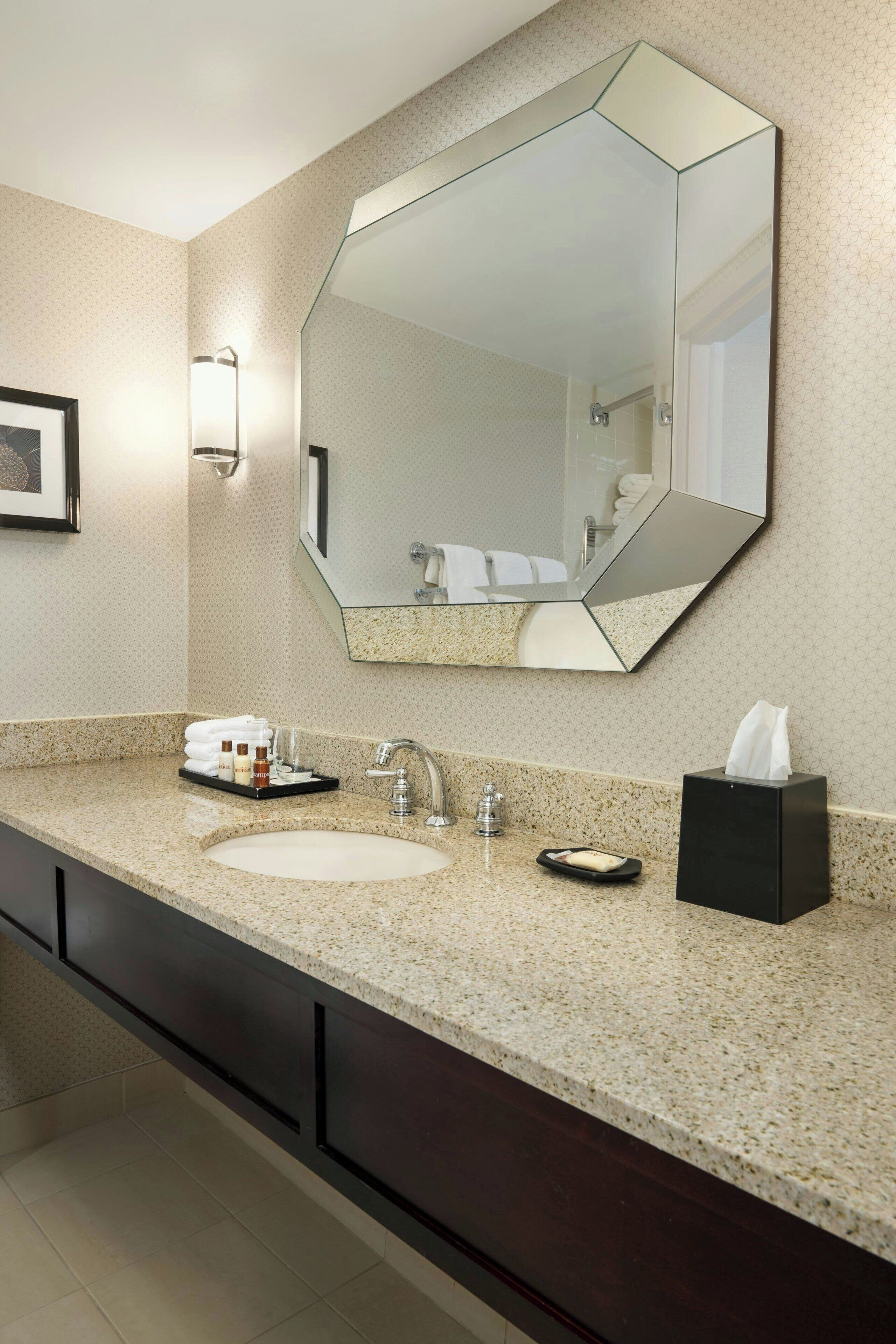 combined shower/bathtub, free toiletries, hair dryer, towels