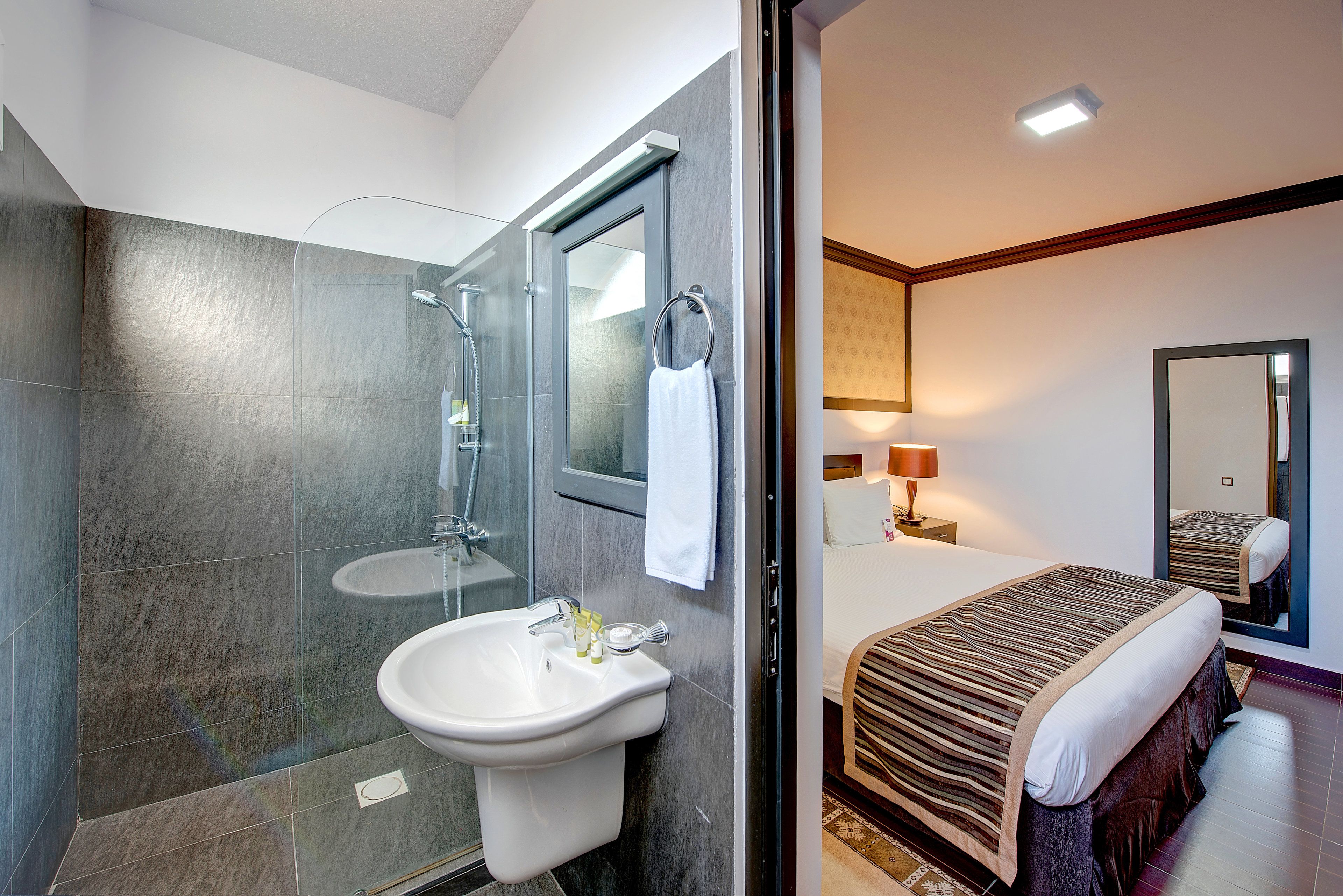 Une salle de bain moderne avec une douche, un lavabo et un miroir.