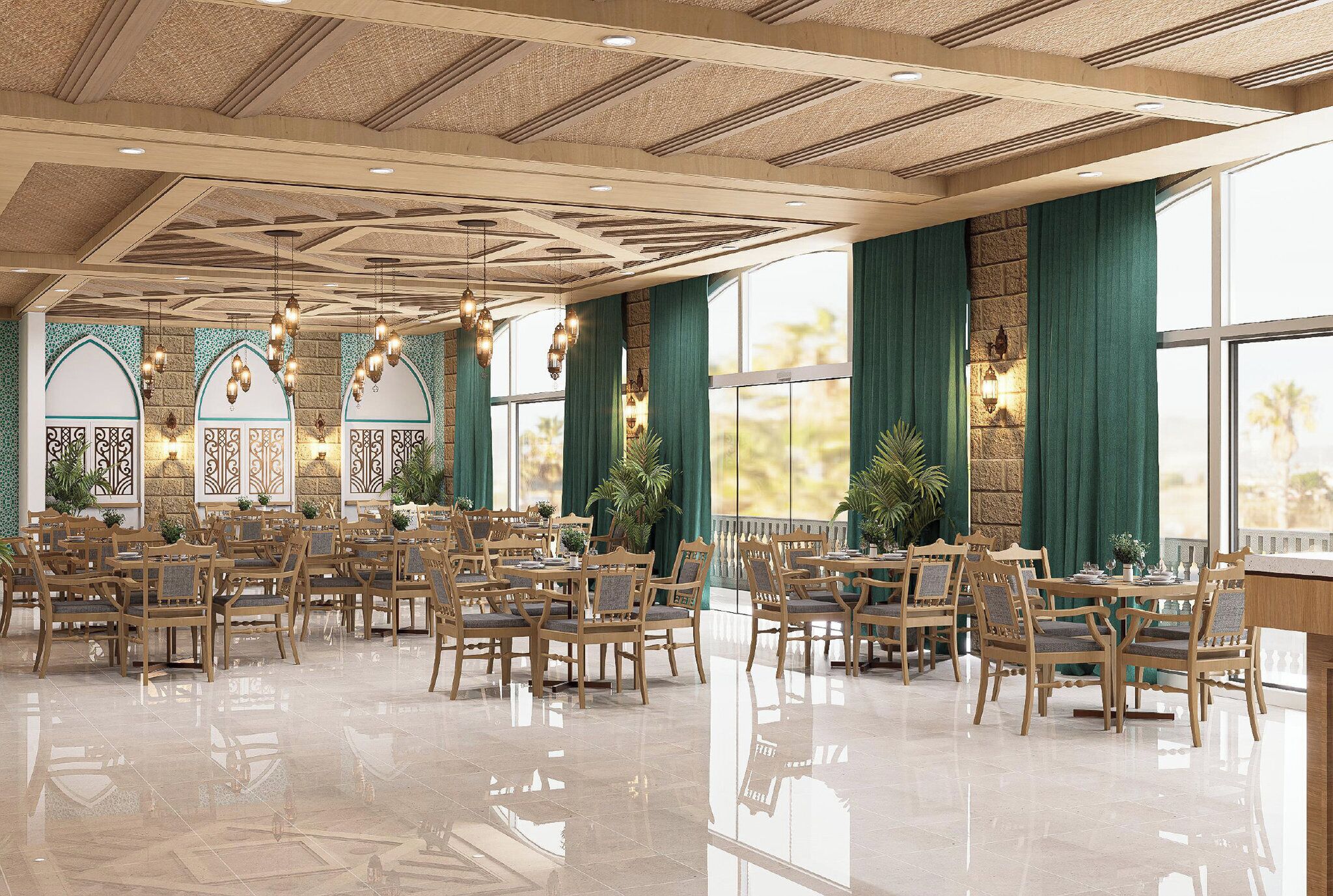 A spacious dining area with wooden tables and chairs, large windows with green curtains, and hanging light fixtures.