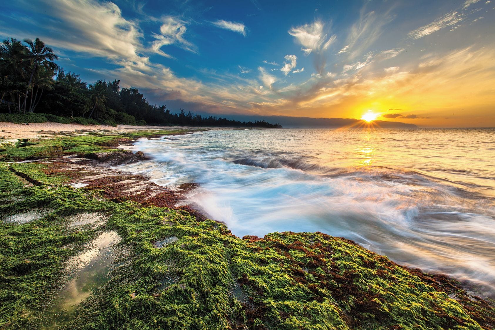 A coastal landscape with a body of water, rocky terrain, and vegetation.