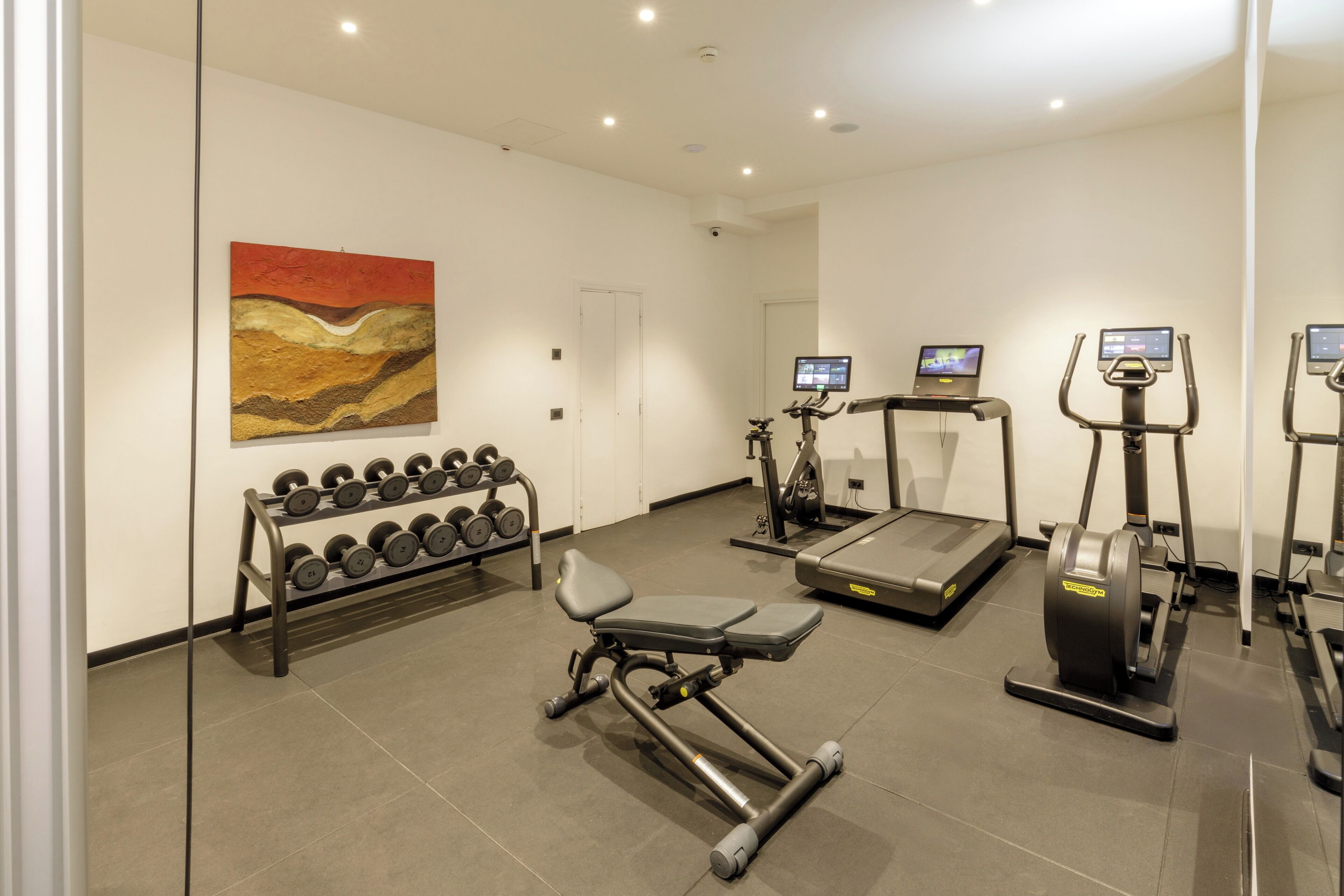 A gym with exercise equipment, a treadmill, and a bench press.