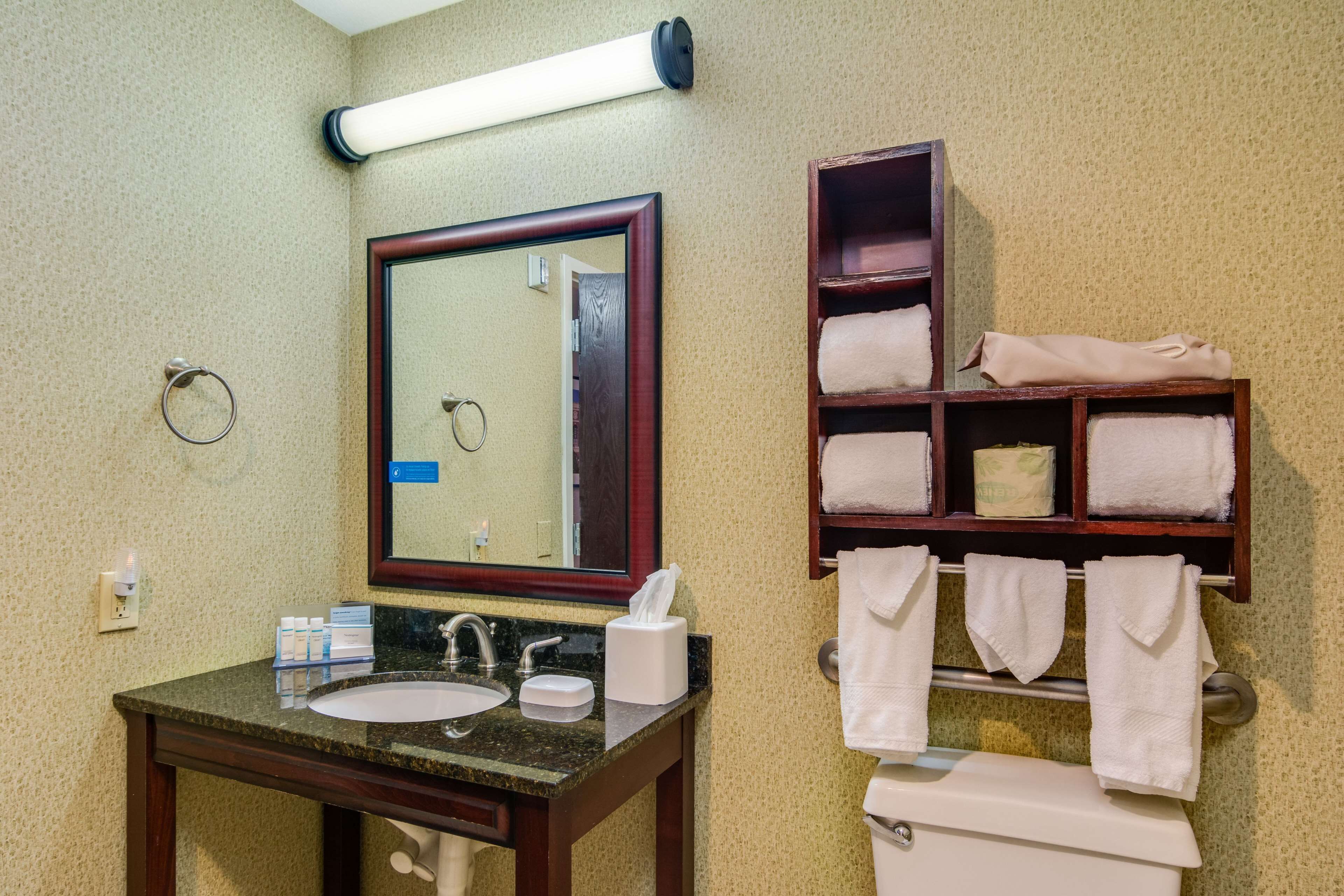 combined shower/bathtub, free toiletries, hair dryer, towels