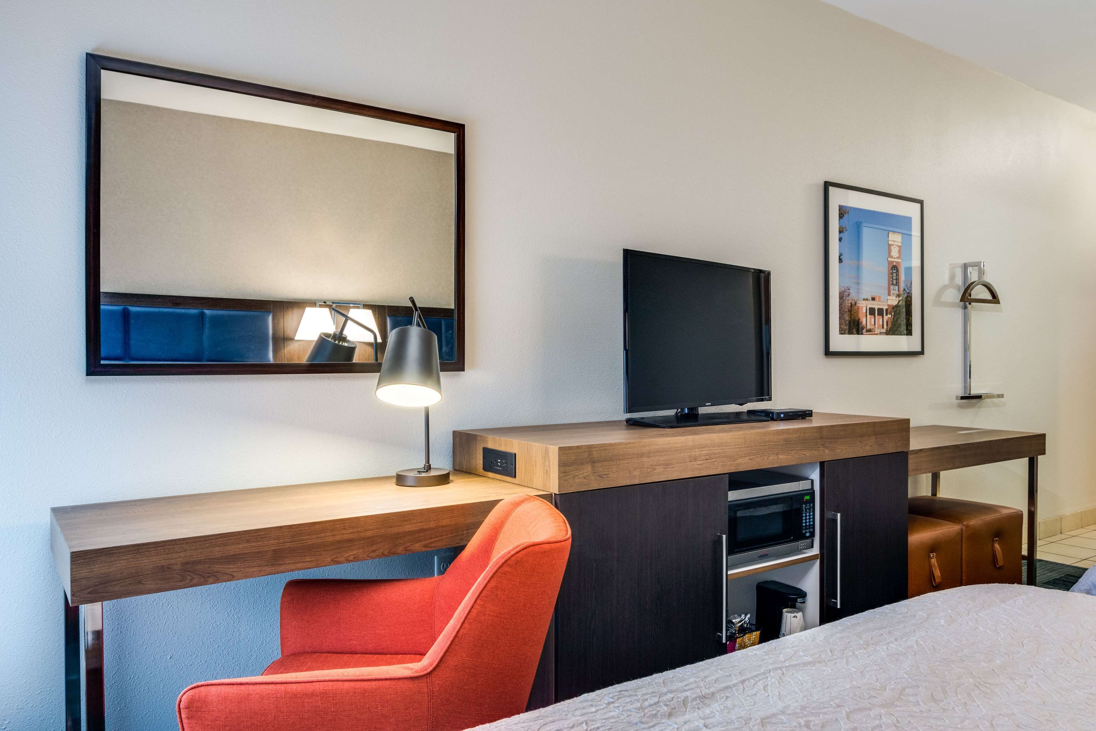 A hotel room with a bed, a desk with a television, a chair, a microwave, and a framed picture on the wall.